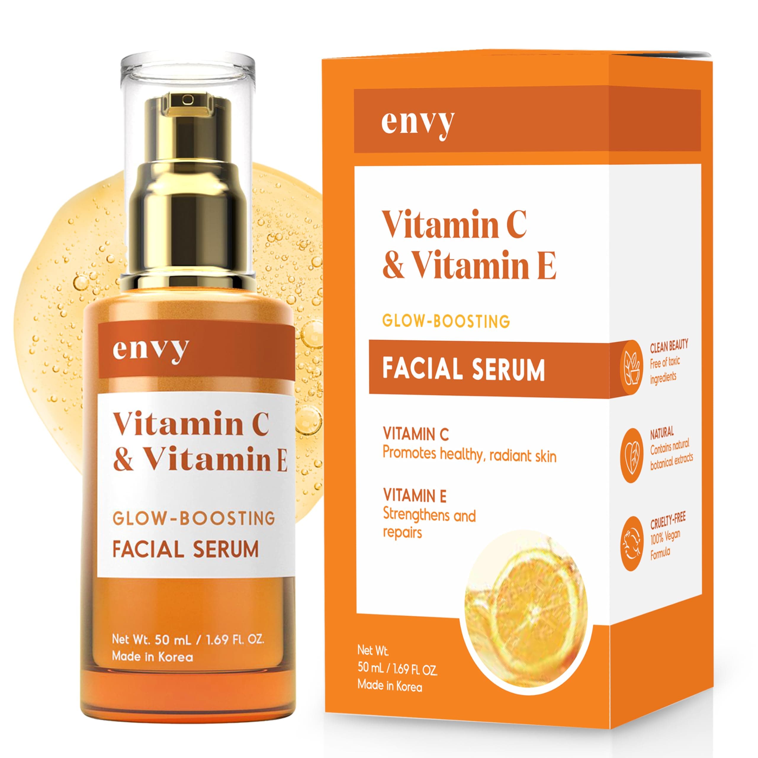 Envy Korean Vitamin C Serum With Vitamin E & Glycerin - Glass Skin - Dermatologist Tested - Dark Spots & Skin Brightening - Anti Aging & Acne Face Serum - Cruelty-Free - All Skin Types - 1.69oz