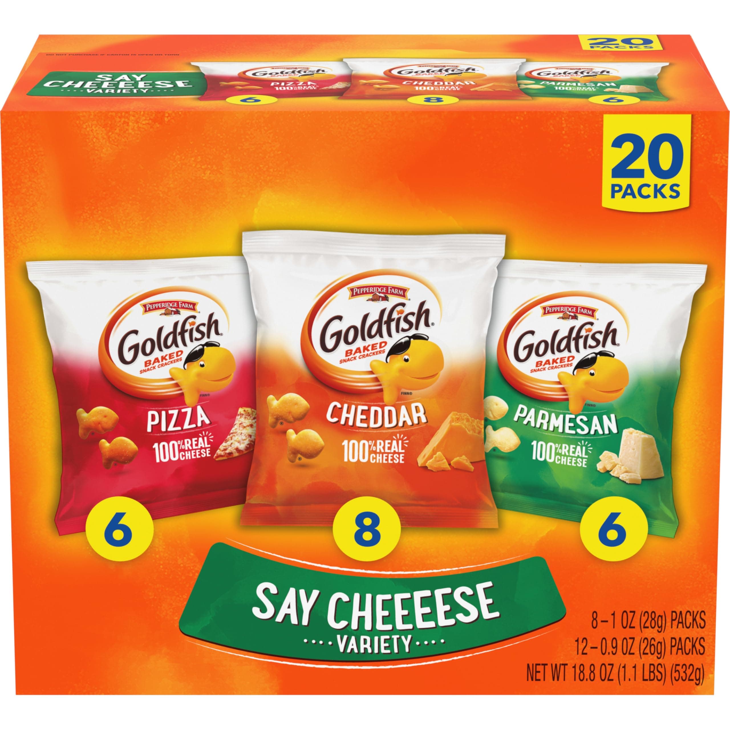 KUKIUBK Goldfish Crackers Say Cheeeese Variety with Cheddar, Pizza and Parmesan, 20 Snack Packs