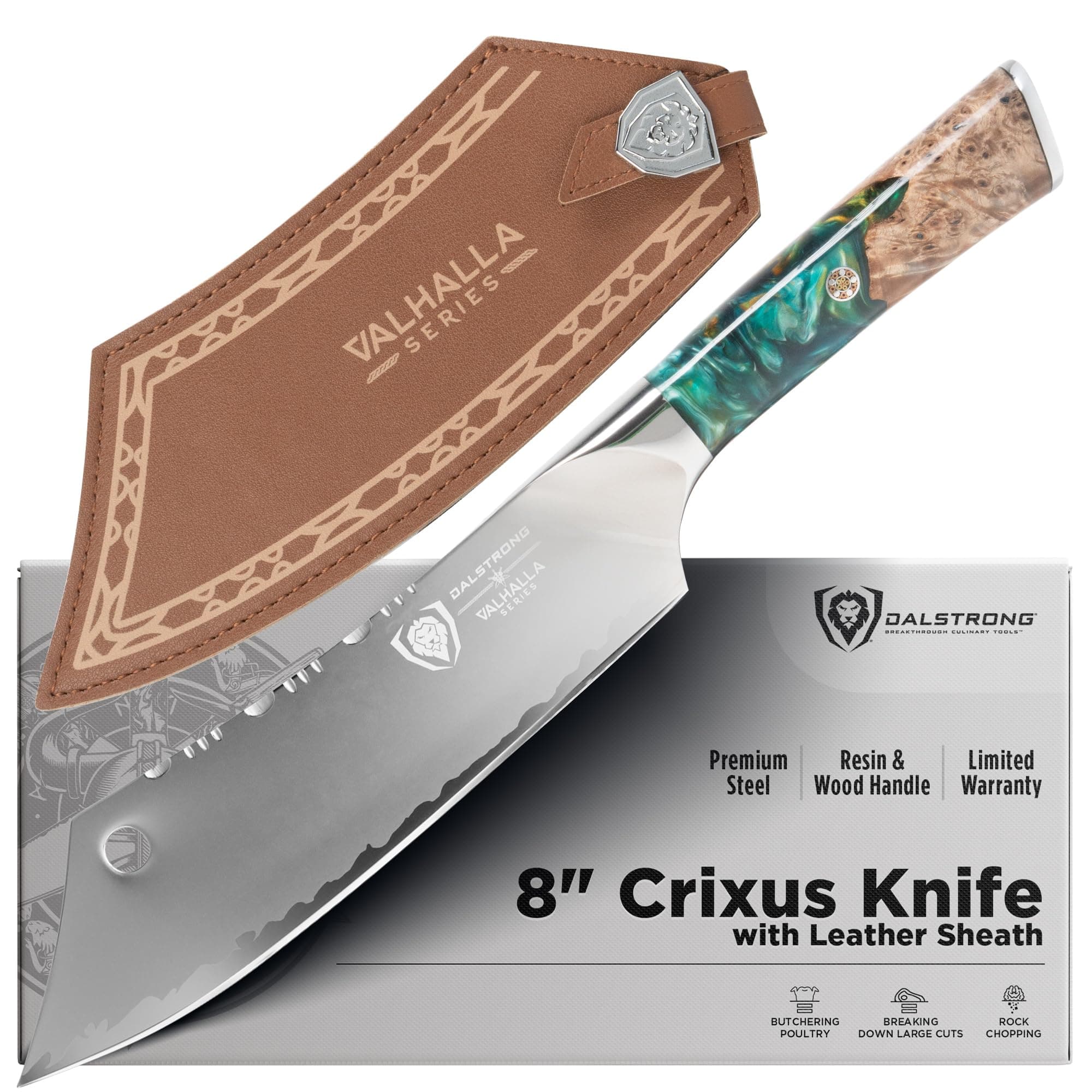 Chef & Cleaver Hybrid Knife - The 'Crixus' - 8 inch - Valhalla Series - 9CR18MOV HC Steel - Celestial Resin & Wood Handle - Razor Sharp Chef's Knife - w/Leather Sheath