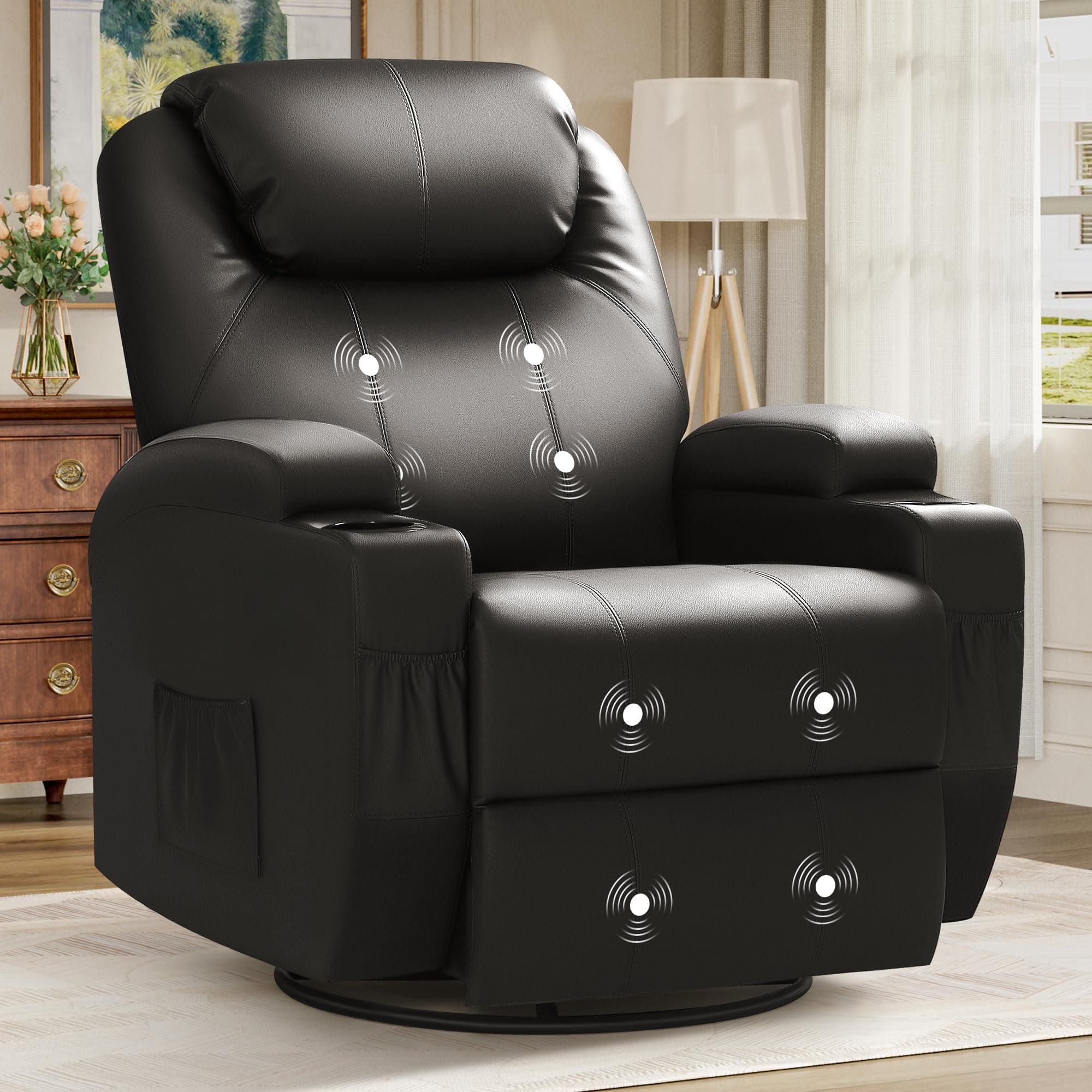 JUMMICORecliner Chair Rocking Massage Recliner Chairs Heated Home Sofa PU Leather Ergonomic Living Room Chair Overstuffed Cushion Lounge 360 Degree Swivel and Rocking (Black)