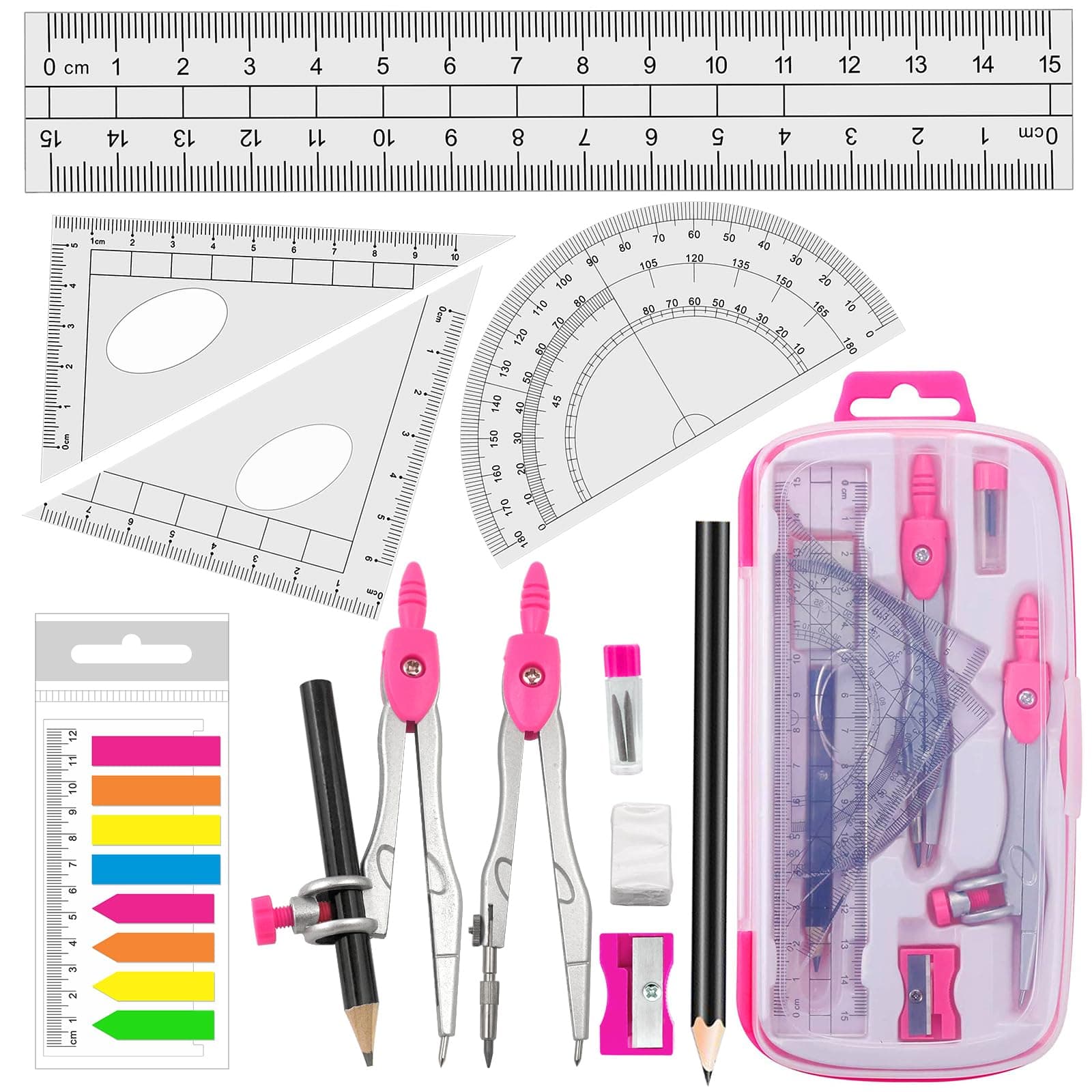 Maths Compasses Full Starter Geometry Kit with 2 Drafting Compasses Protractor 2 Set Squares Ruler Pencil and More for Students Maths Study Homework etc. Pink