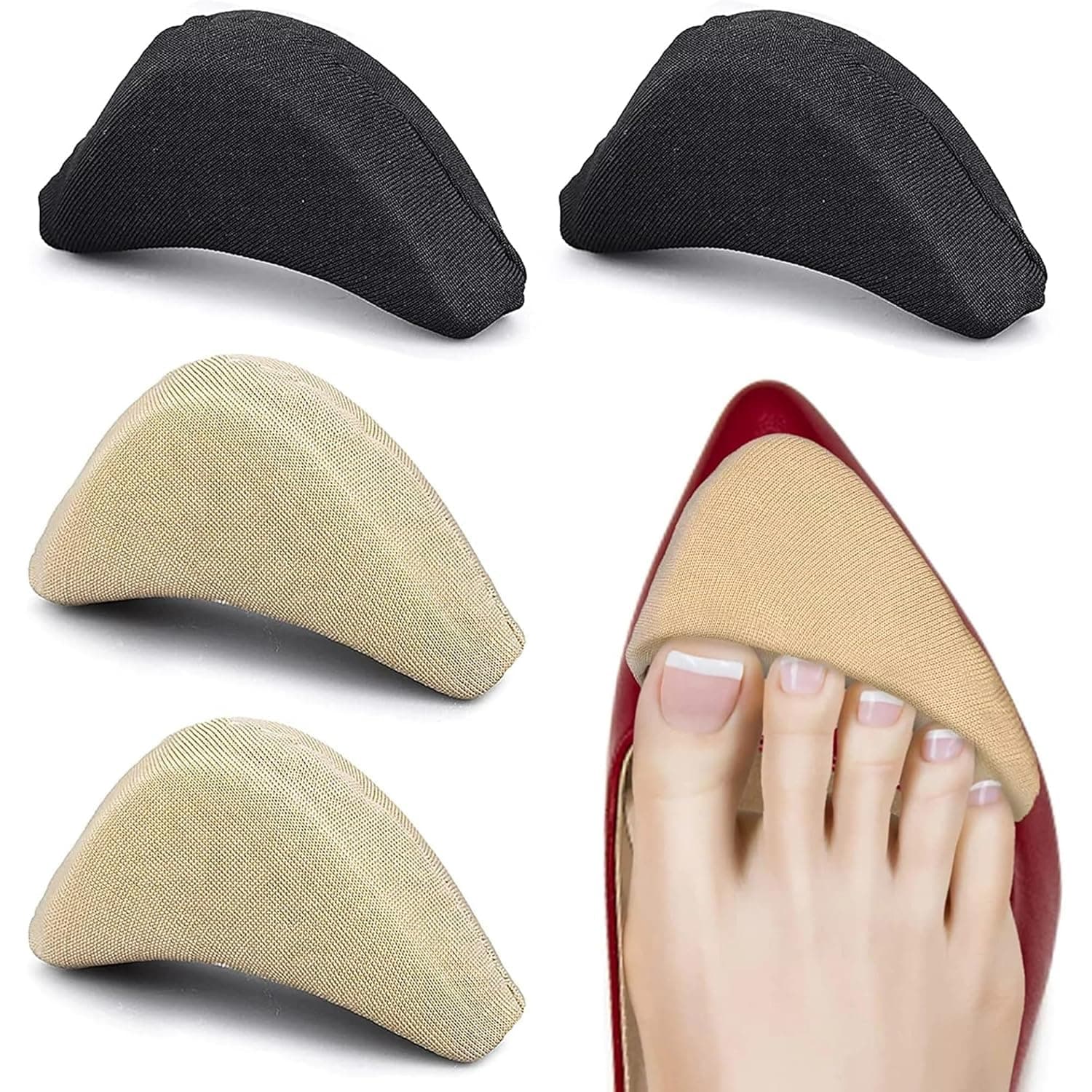 iBuddy Soft Shoe Fillers For Women - 2 Pairs/4 Pcs Shoe Tightener Pads, Insole For Shoes Inserts Adjustable Shoe Size Reducer Reusable Insoles for Loose Shoes - Beige & Black