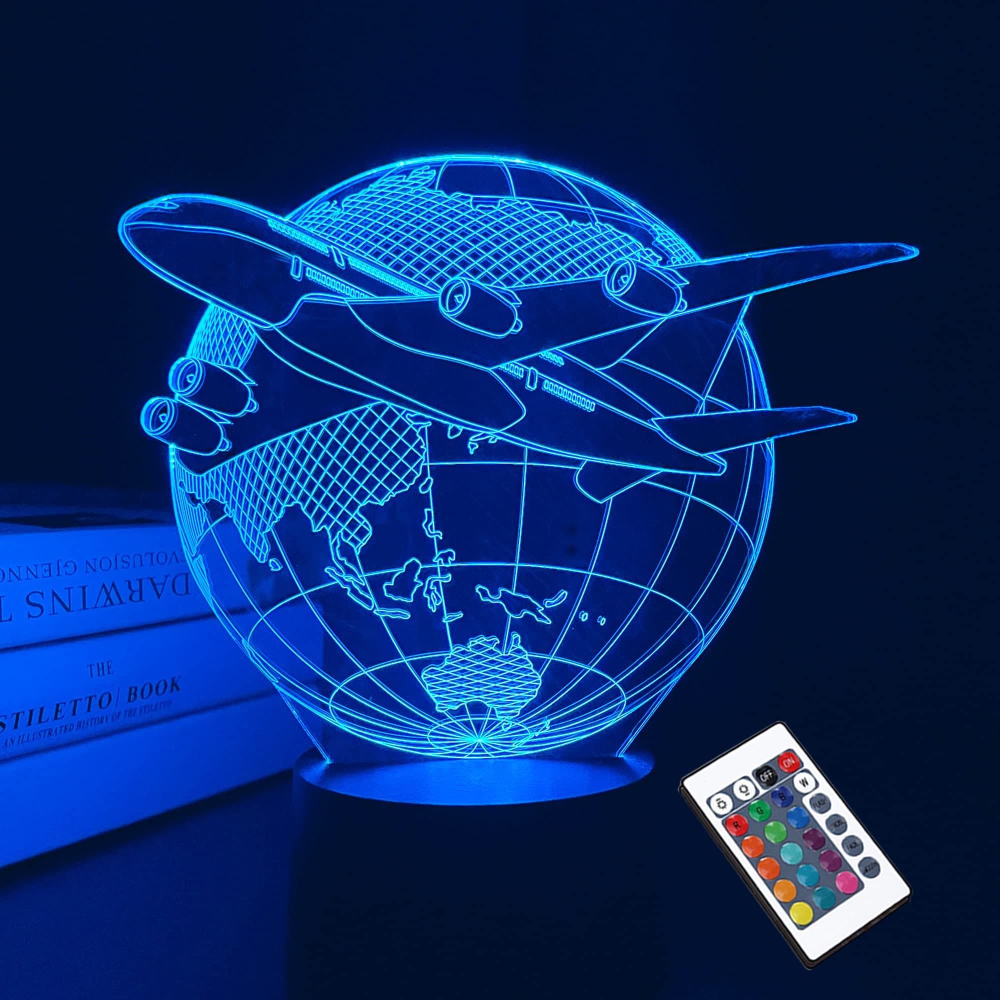 – Airplane 3D Illusion Night Light LED Earth Table Lamp 16 Color Birthday Gifts for Boys Men Pilot Office Room Decoration