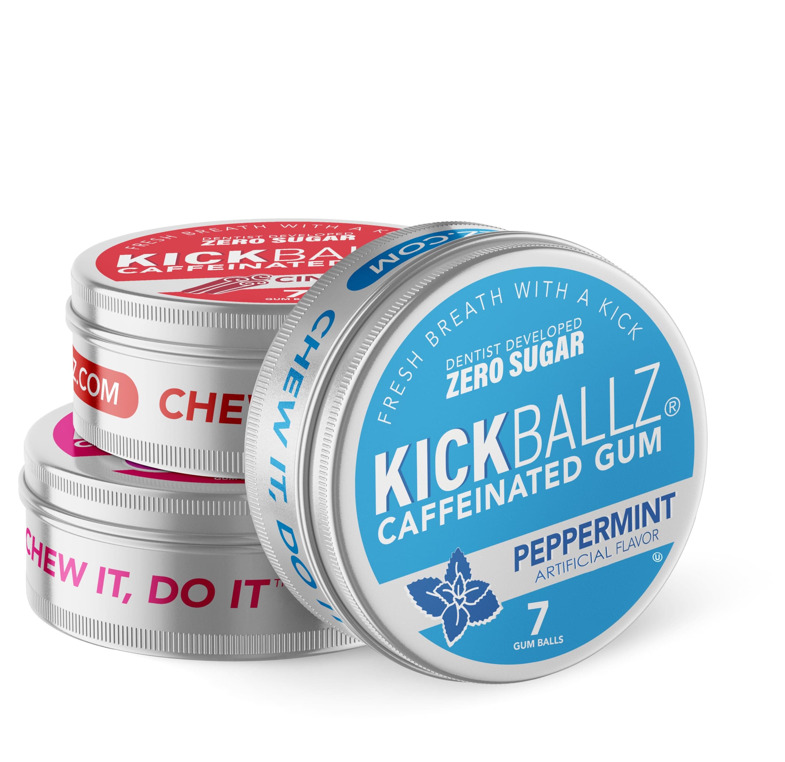 KickBallz Caffeinated Energy Gum | Extra Strength 110mg of Caffeine Per Ball | Fast-Acting Energy Boost | Tastes Amazing | Freshens Breath | Zero Sugar | Gluten-Free | USA Made | 3 Tins (21 Count) | 7