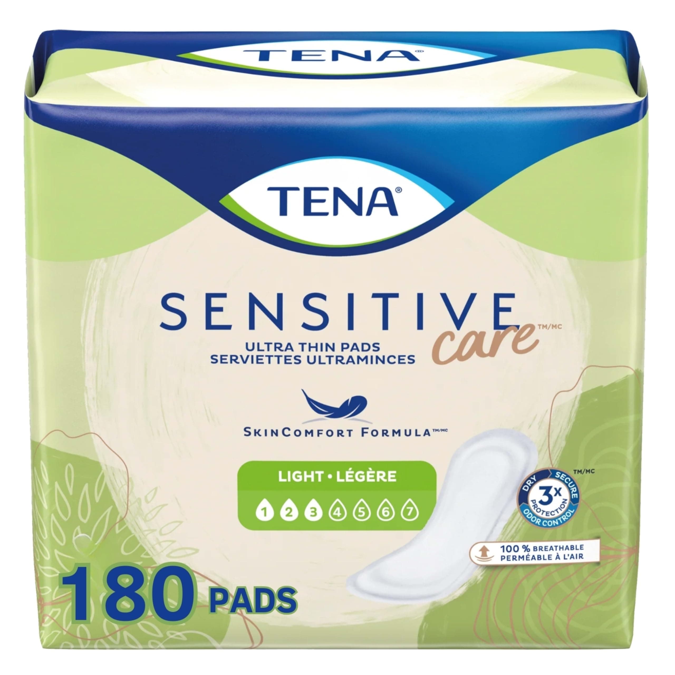 TENA Sensitive Care Female Incontinent Pad Regular Length 9" L 54358, 180 Ct
