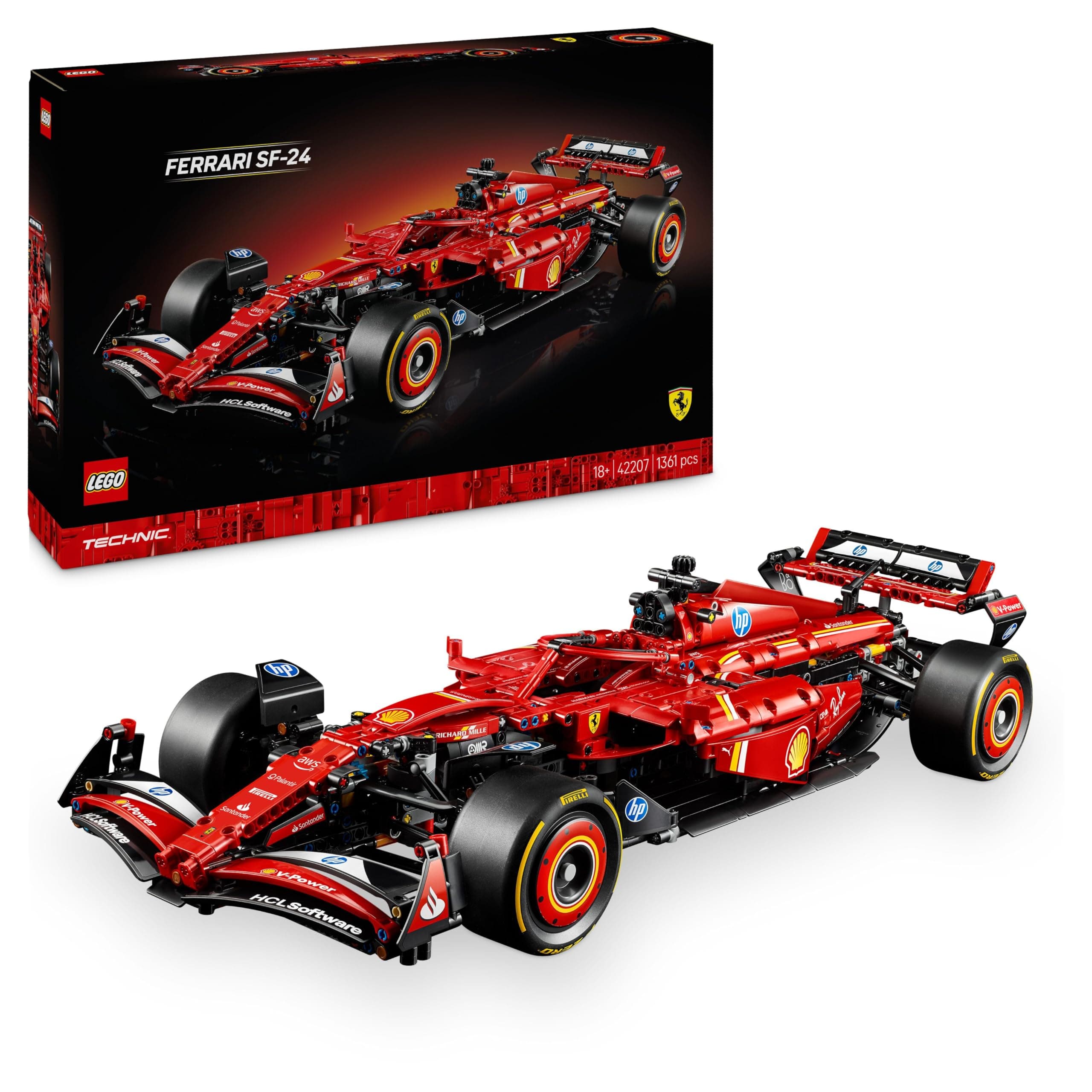 Technic Ferrari SF-24 F1 Car Model - Collectible Formula 1 Set with 1:8 Scale V6 Engine, Gear Box, Steering & DRS - Gift Idea for Adult & Teenage Racing Fans 42207