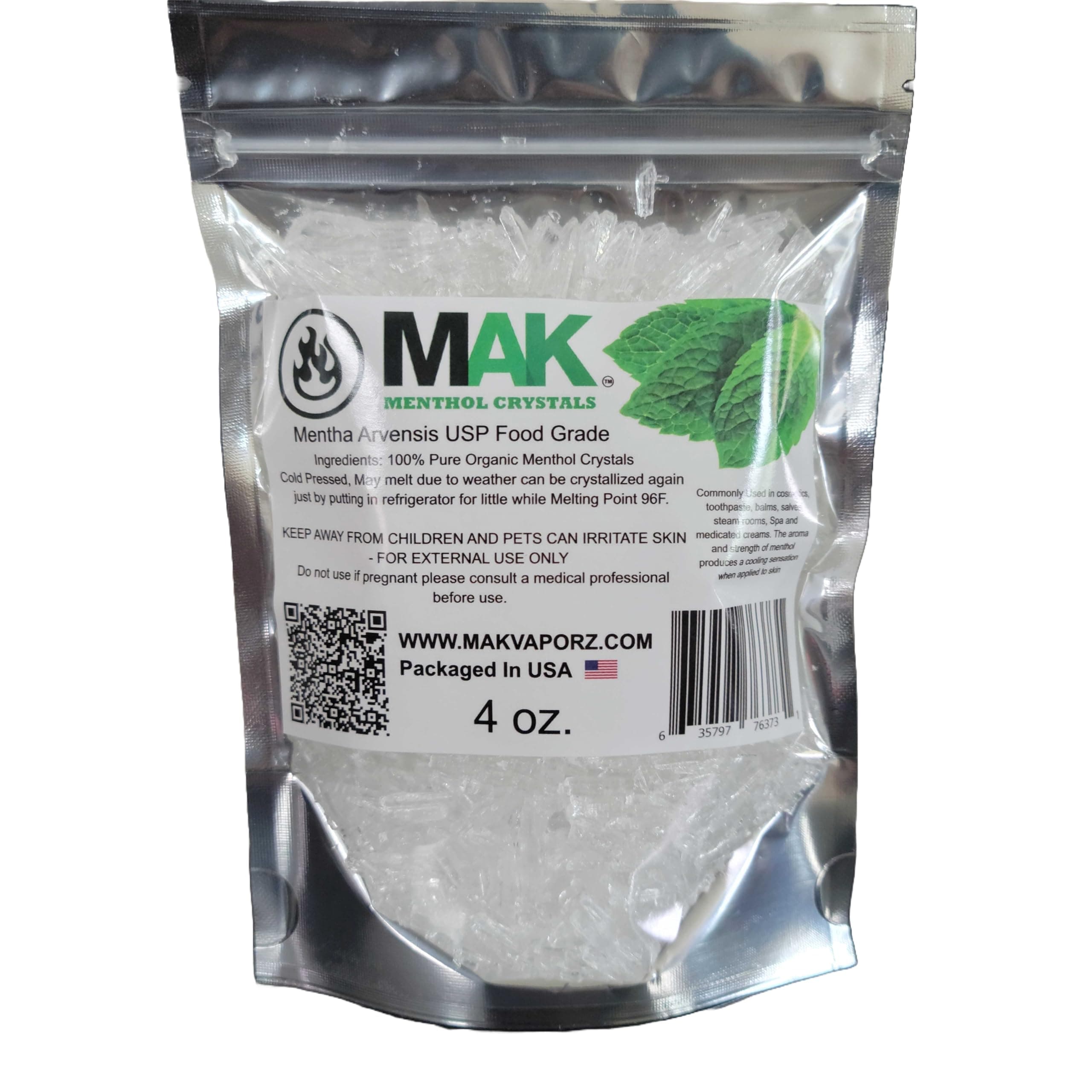 Menthol Crystal 4 oz - Pure Organic 100% Natural - Menthol Crystals from Mint Crystal Mints Mentha Arvensis - Comes in Resealable Standup Bag for Long-Lasting Freshness