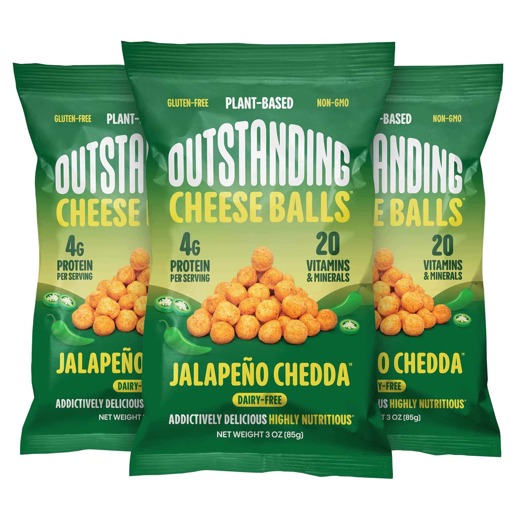 Outstanding Cheese Balls, Jalapeño Chedda, 3 oz (Pack of 3) - Dairy-Free, Non-GMO, 4g Protein, Plant Based, Gluten Free, Vegan, 20 Essential Vitamins & Minerals (Crunchy Puffed Snacks)