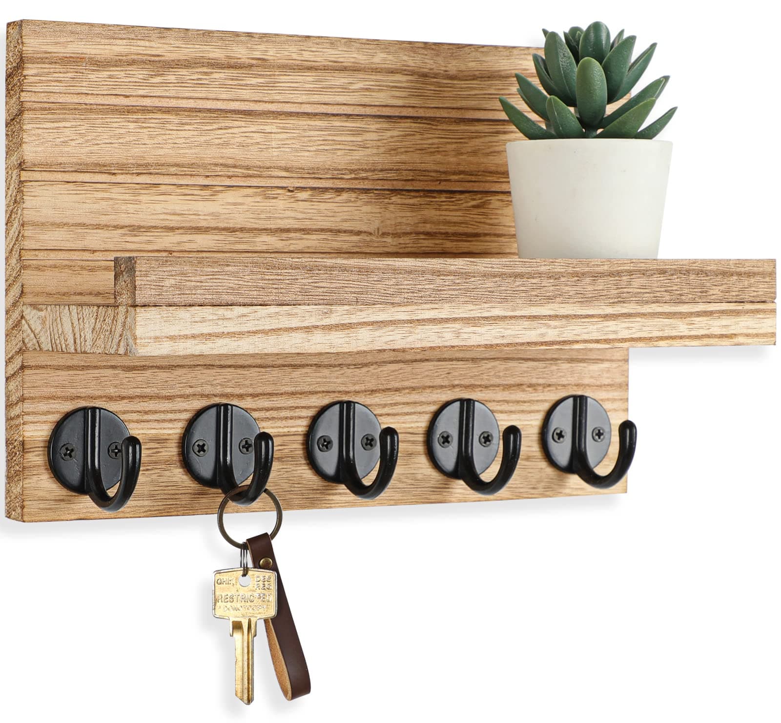 Lwenki key Holder for Wall, Decorative Mail & Bag Holder with Shelf Has Large Hooks (Paulownia Wood Key Hanger with Mounting Hardware, 9.8”W x 6.7”H x 4.2”D, Burnt Wood)