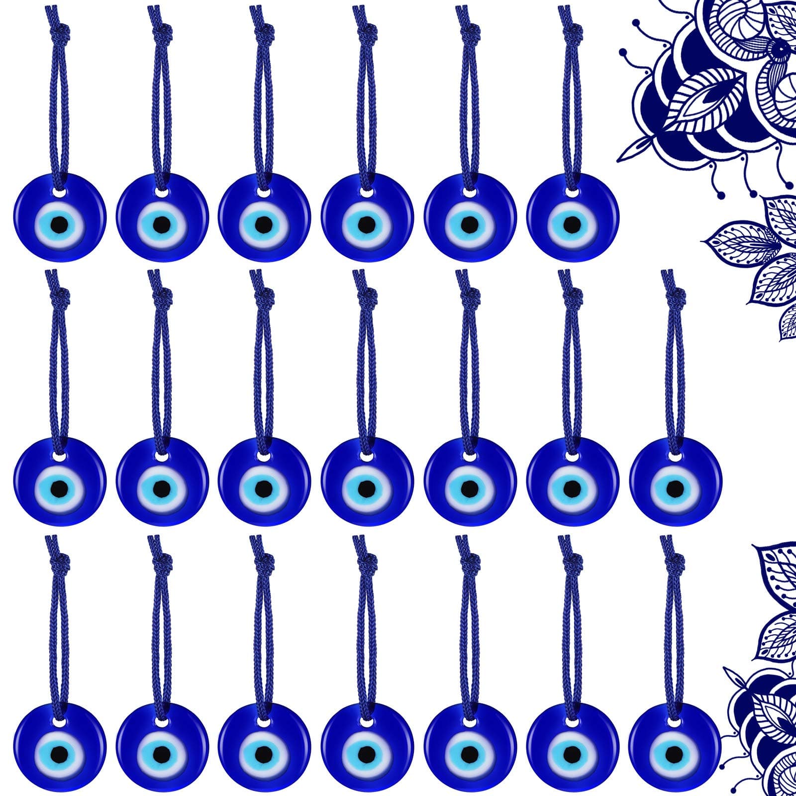 Hicarer 20 Pieces Turkish Blue Evil Eye Beads Charms Pendants Crafting Glass Beads Wall Hanging Ornament with Ropes for Jewelry Accessories Home Craft Decoration (Round)