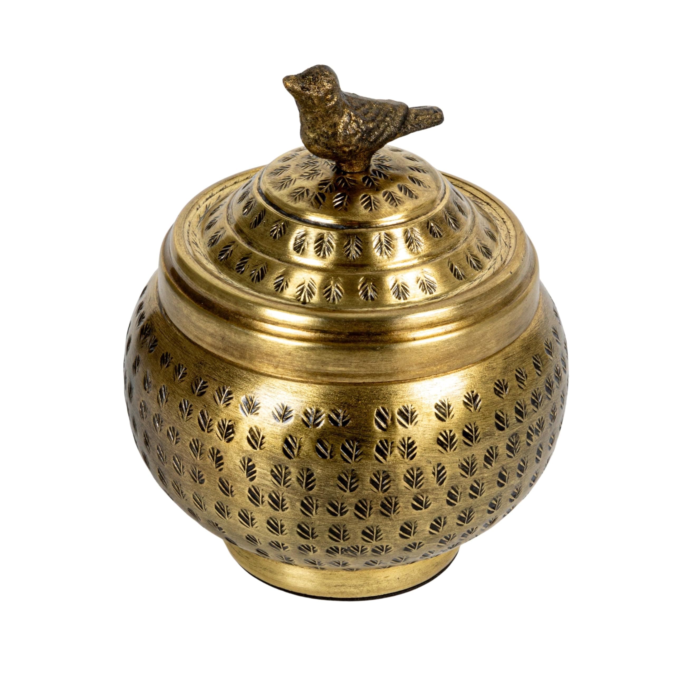 Creative Co-Op Hammered Aluminum Sphere Lid and Bird, Antique Brass Finish Container