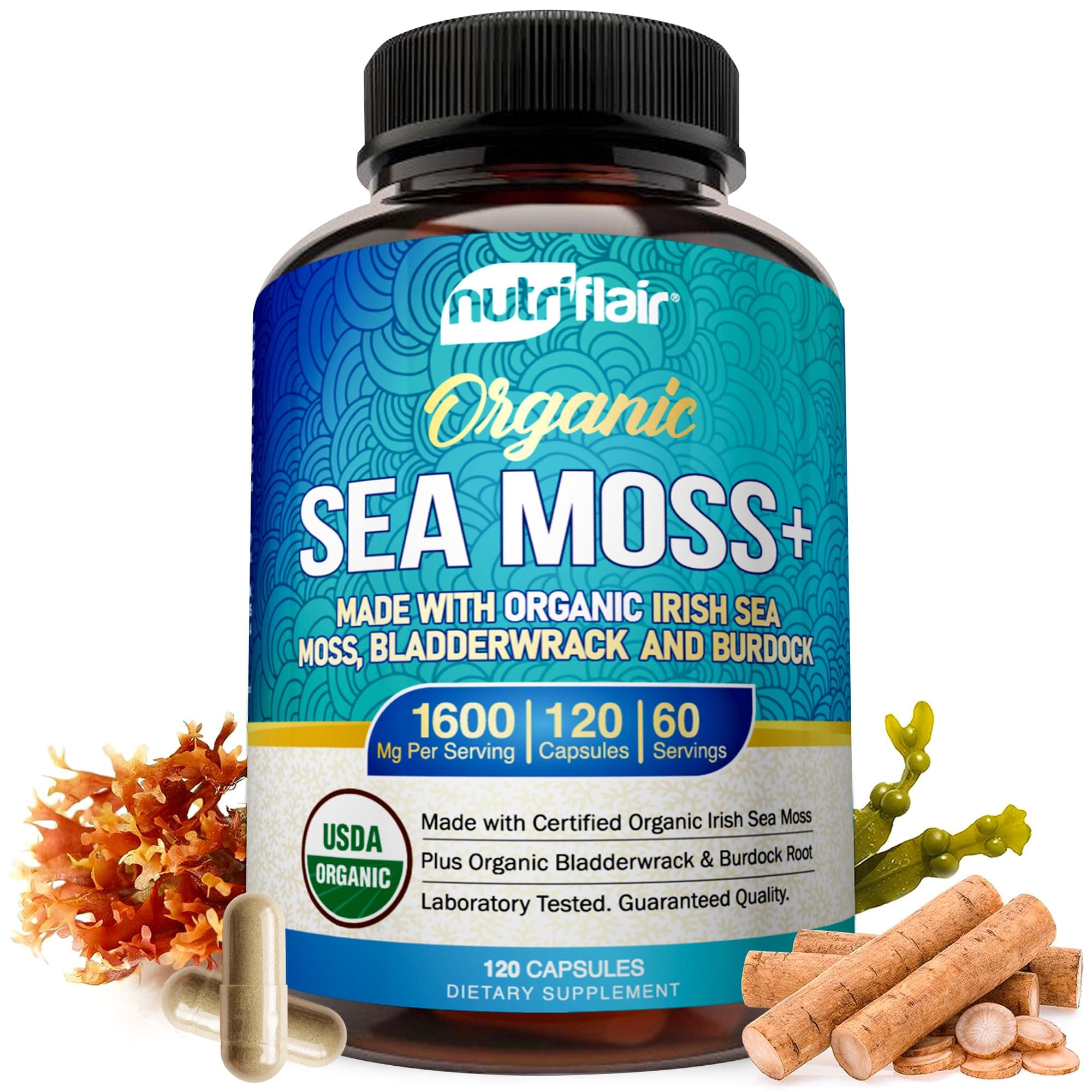NutriFlair Organic Sea Moss 1600mg, 120 Capsules Plus Bladderwrack & Burdock - Prebiotic Super Food - Immune System & Digestive Health - Thyroid, Healthy Skin, Keto Detox, Gut
