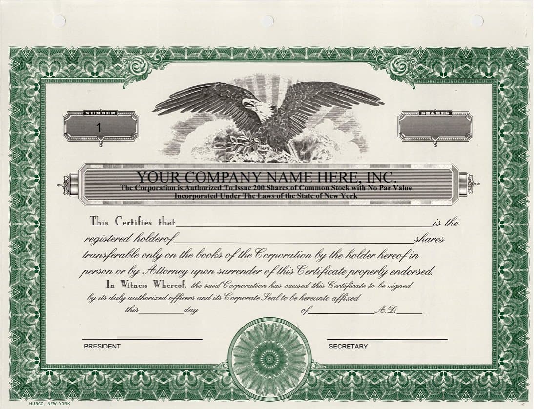 Custom Printed Corporate Stock Certificates, HUBCO, Green, 20-Pack