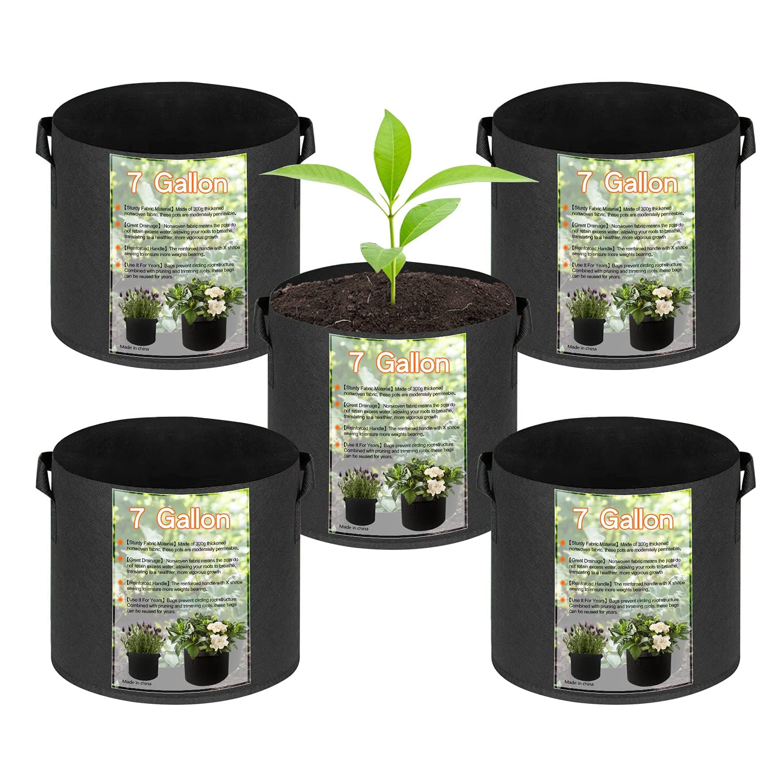 5-Pack 7 Gallon Grow Bags Heavy Duty Thickened Nonwoven Fabric Pots with Handles Plant Grow Bags for Plants, Fruits and Vegetables