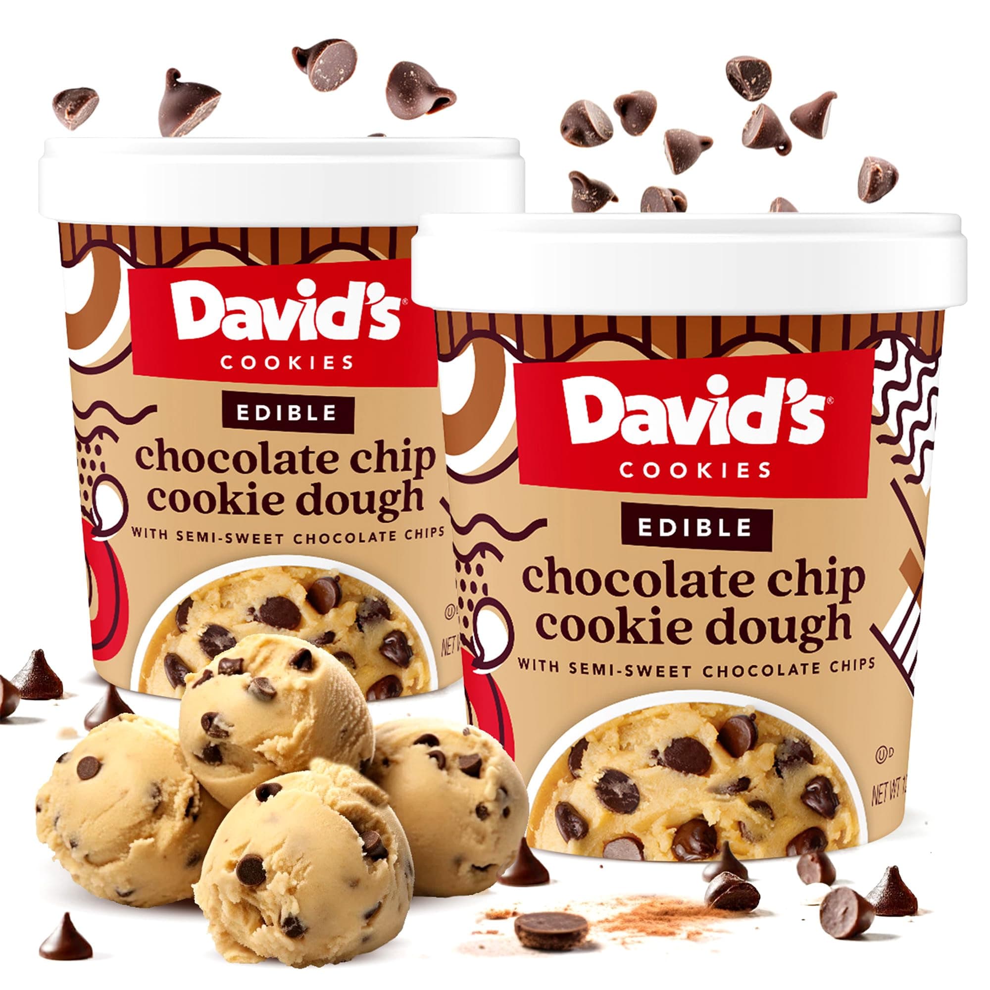 David’s Cookies Chocolate Chip Edible Cookie Dough – 2 Tubs (12oz Each) – Safe-to-Eat, Eggless Recipe with Heat-Treated Flour – Loaded with Semi-Sweet Chocolate Chips – Ready-to-Eat Dessert Treat