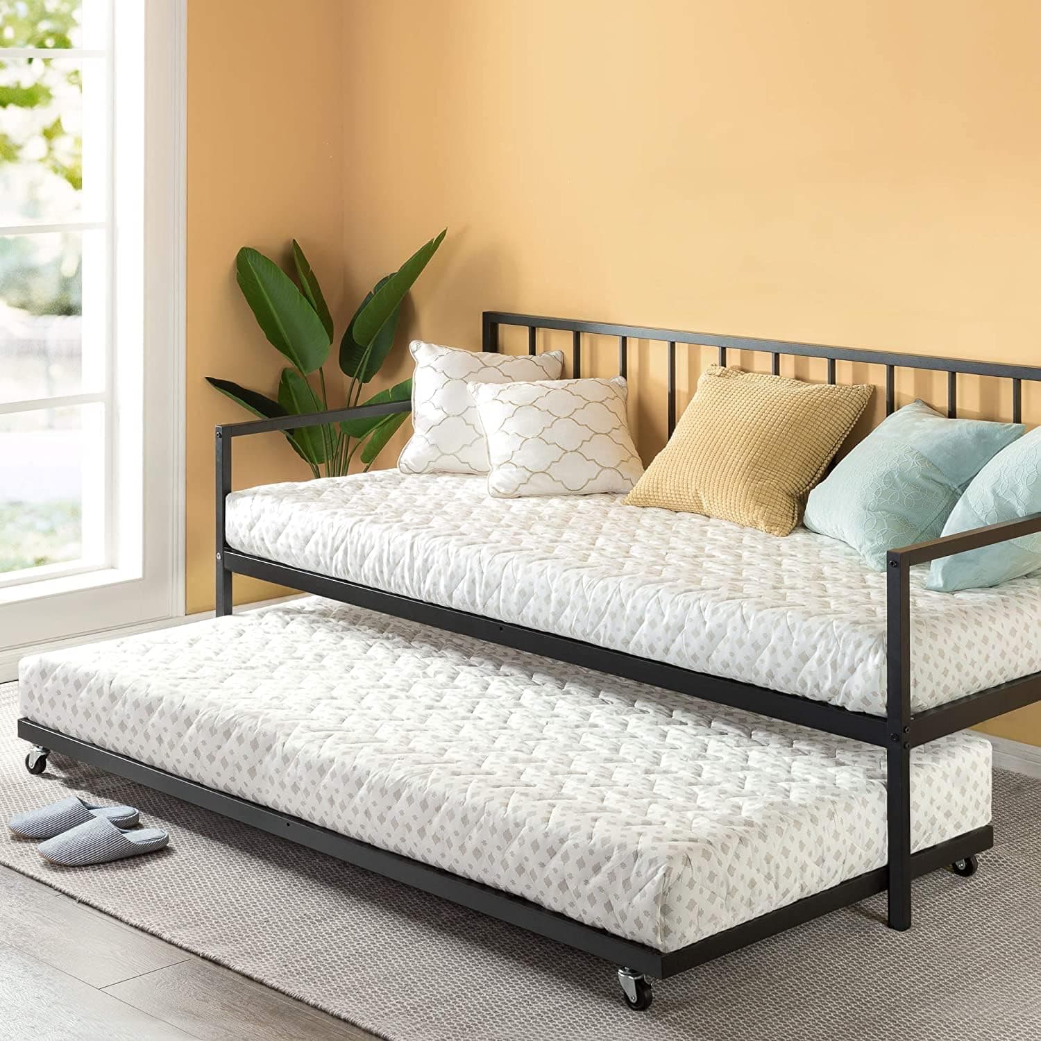 APRODZ Suniz Twin Size Metal Daybed with Trundle Bed, (Metal - Black Powdercoated)