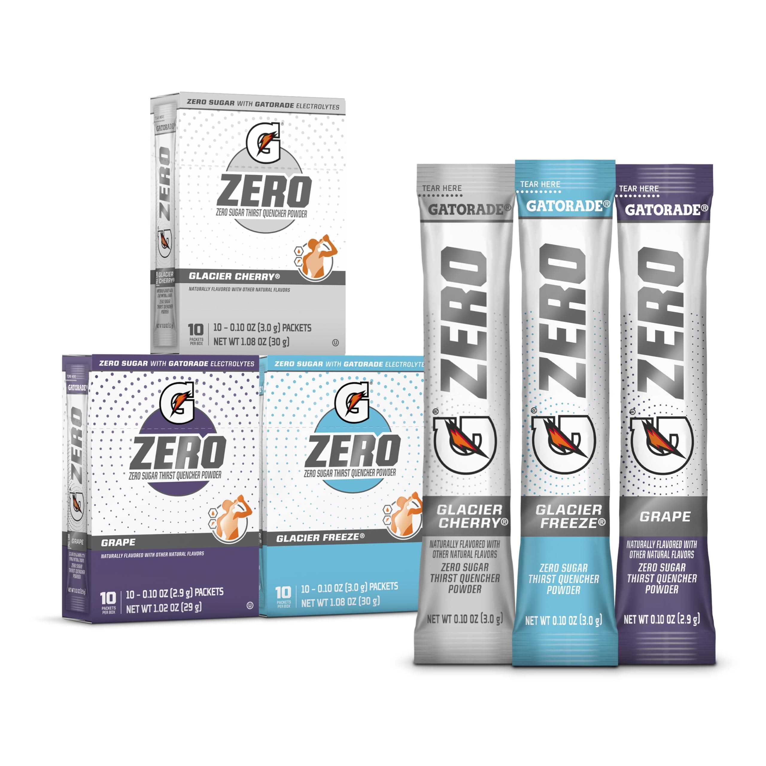 G Zero Sports Drink Mix Powder Packets, 3 Flavor Frost Variety Pack, Electrolyte Powder Drink Mix for Hydration, Zero Sugar, 30 Total Packets