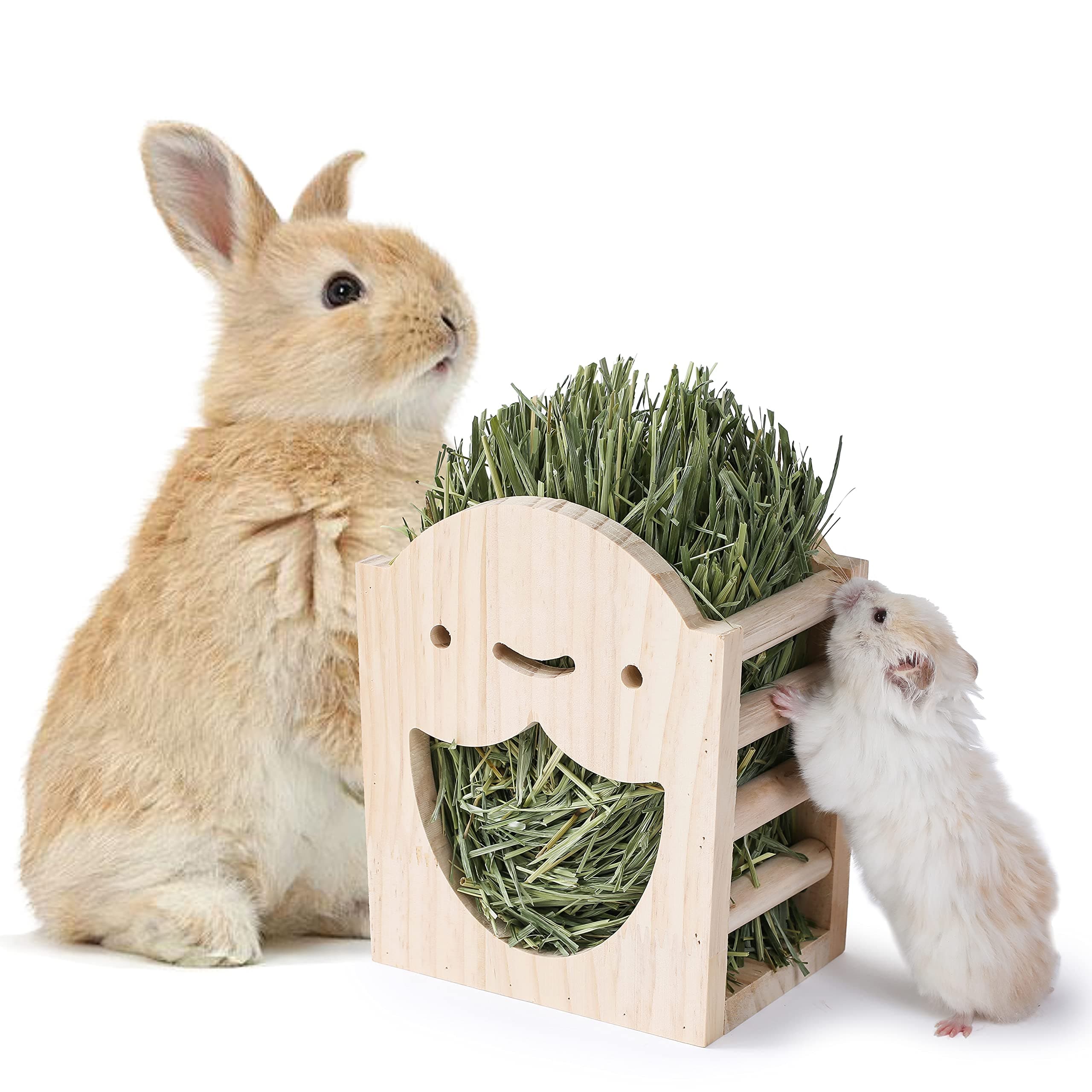 JanYooRabbit Hay Feeder,Natural Wooden Hay Holder for Guinea Pigs Bunny Cage Rabbit Hay Dispenser Hanging Standing