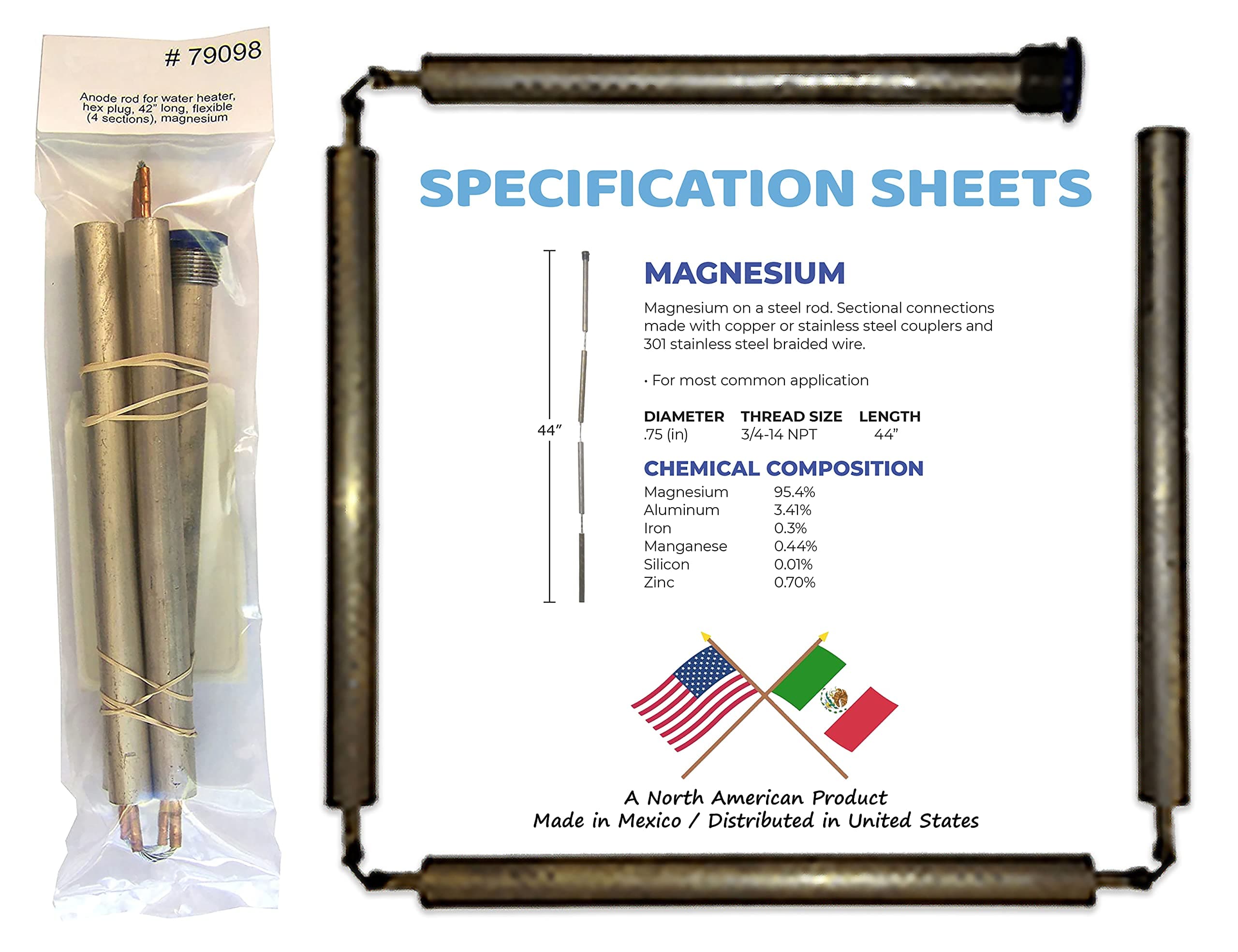 Blue Lightning Magnesium Flexible Anode Rod, Hex Plug, 44"
