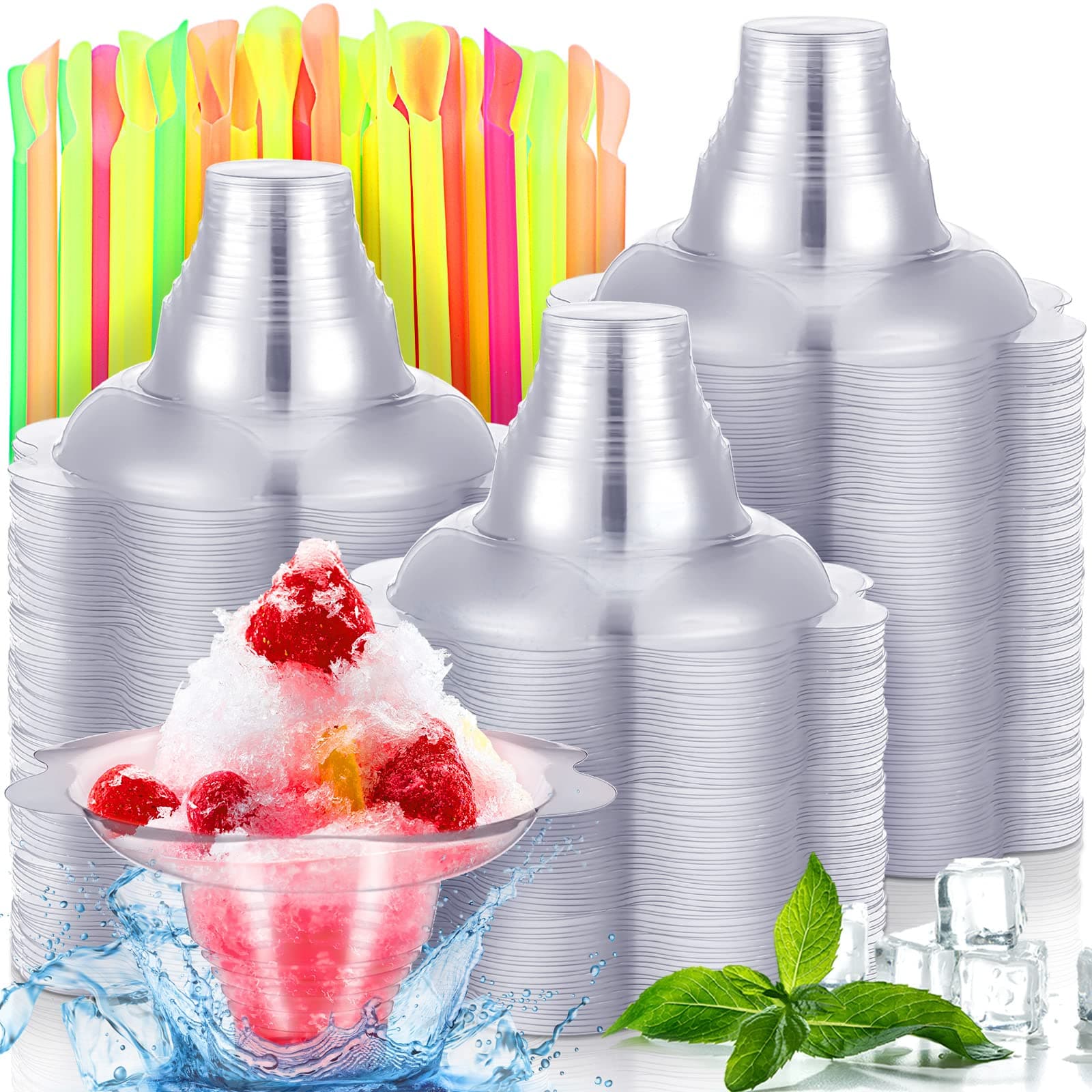 4 oz Snow Cone Cup with Straws Cute Reusable Flower Shaped Ice Cream Snacks Cup Plastic Leakproof Easy Hold Ice Bowl with Snow Cone Straws for Birthday Wedding Summer Picnic Holiday Party(50 Set)