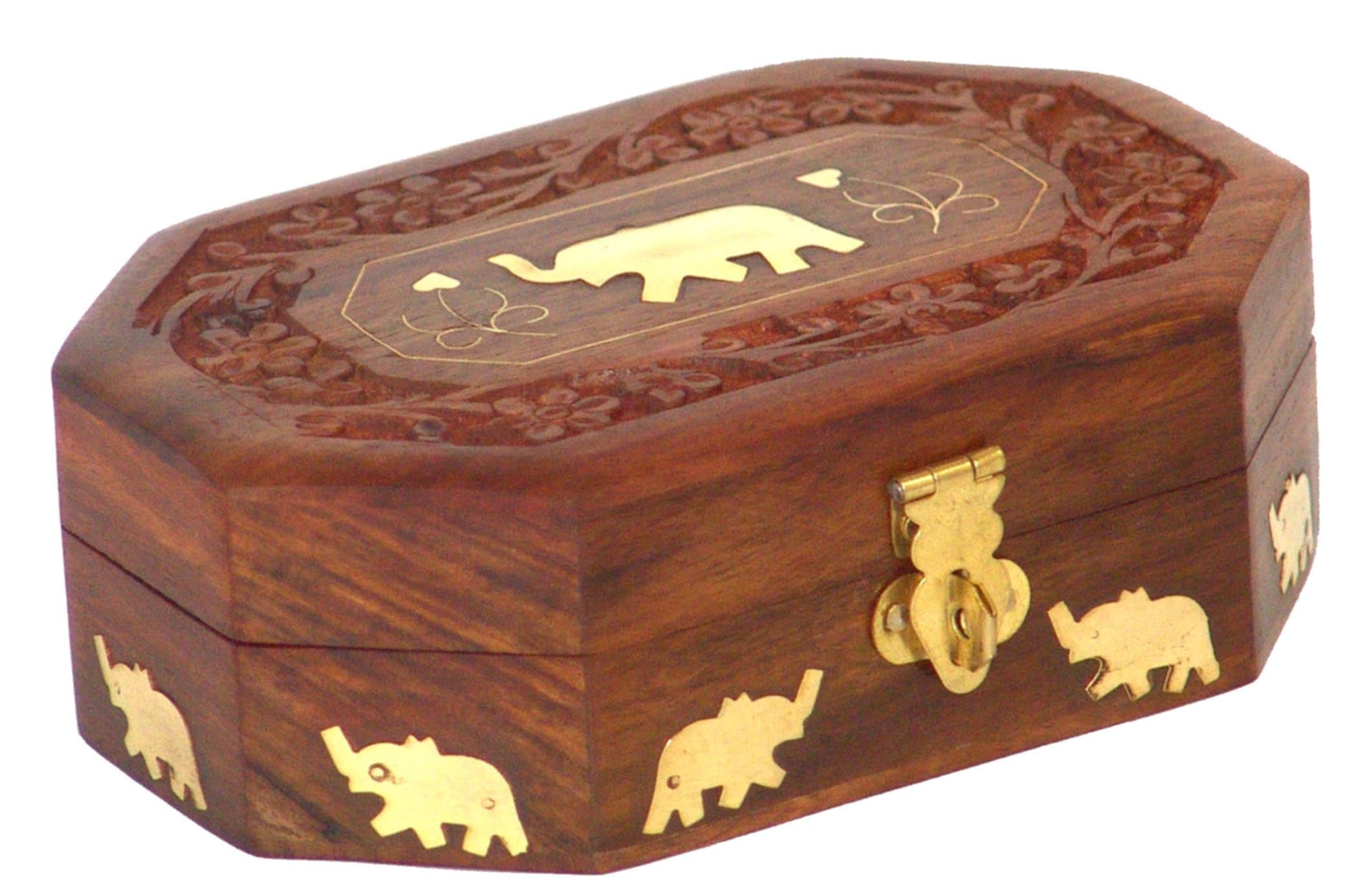 Wooden Jewelry Box Octagonal Handcrafted Elephant Brass Inlay & Wood Carvings