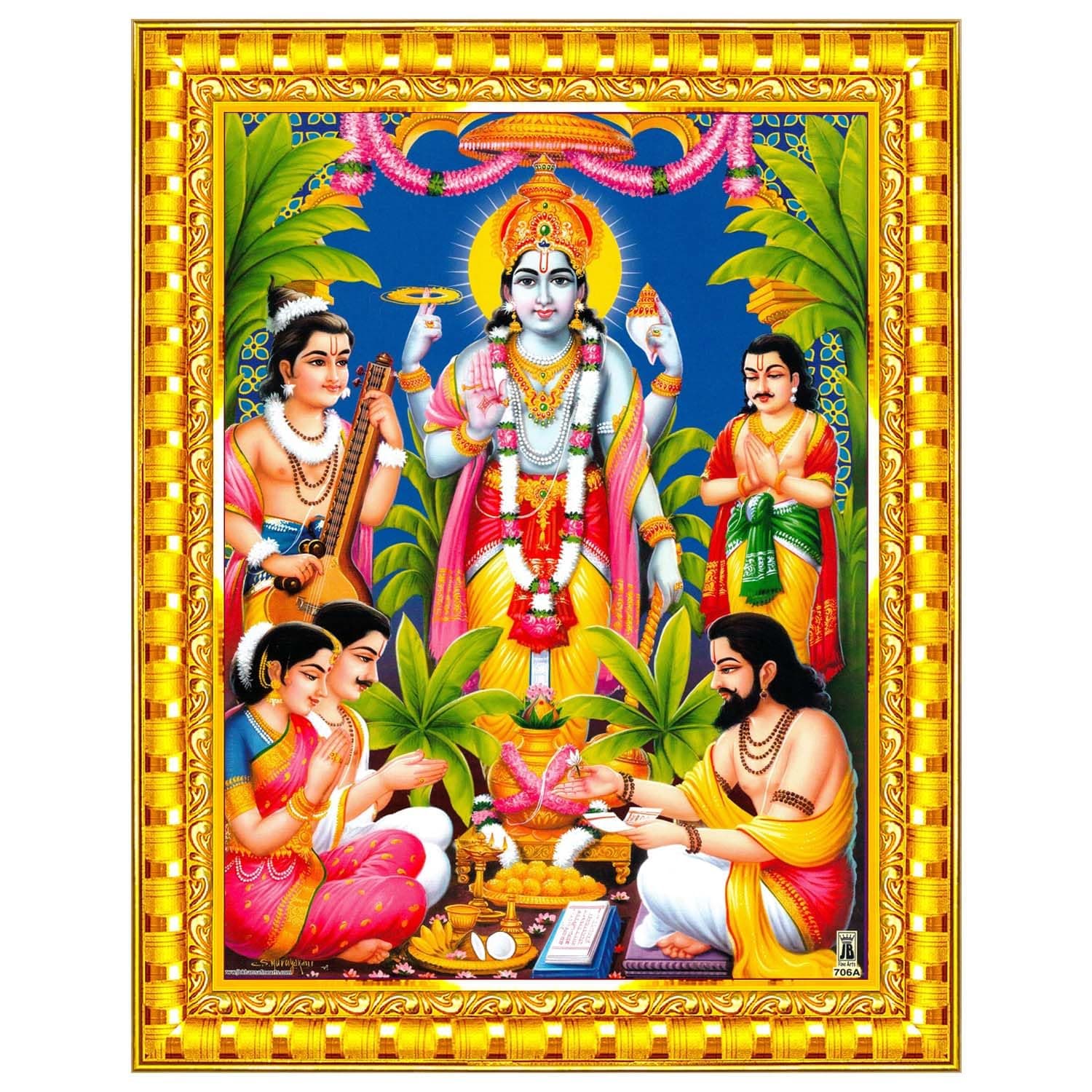 Lord Satyanarayana Swamy Bhagwan Satyanarayan Wall Painting Framed Home Decor (Wood,Matte,Gold,Big Size,10 x 12 Inch) R618M
