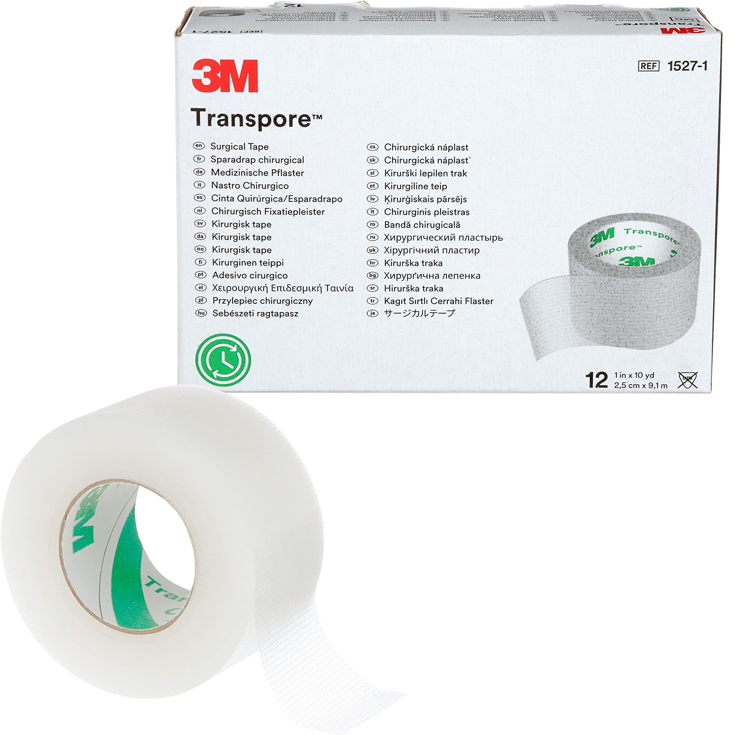 3M™ Transpore™ Surgical Tape 1527-1, 1 inch x 10 yard (2,5cm x 9,1m), 12 rolls/box