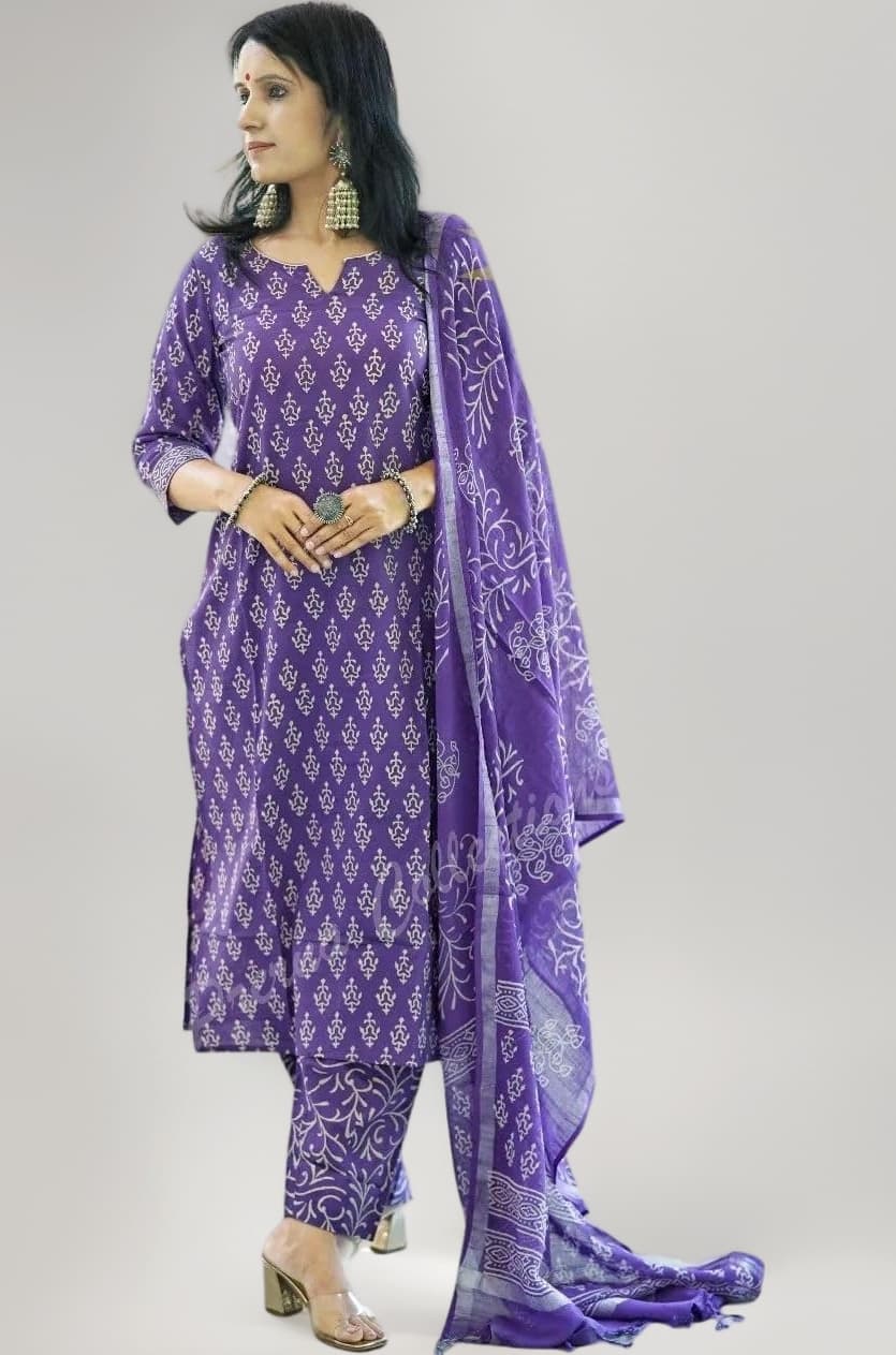- Women's Cotton Printed Straight Kurta with Palazzo & Dupatta Set
