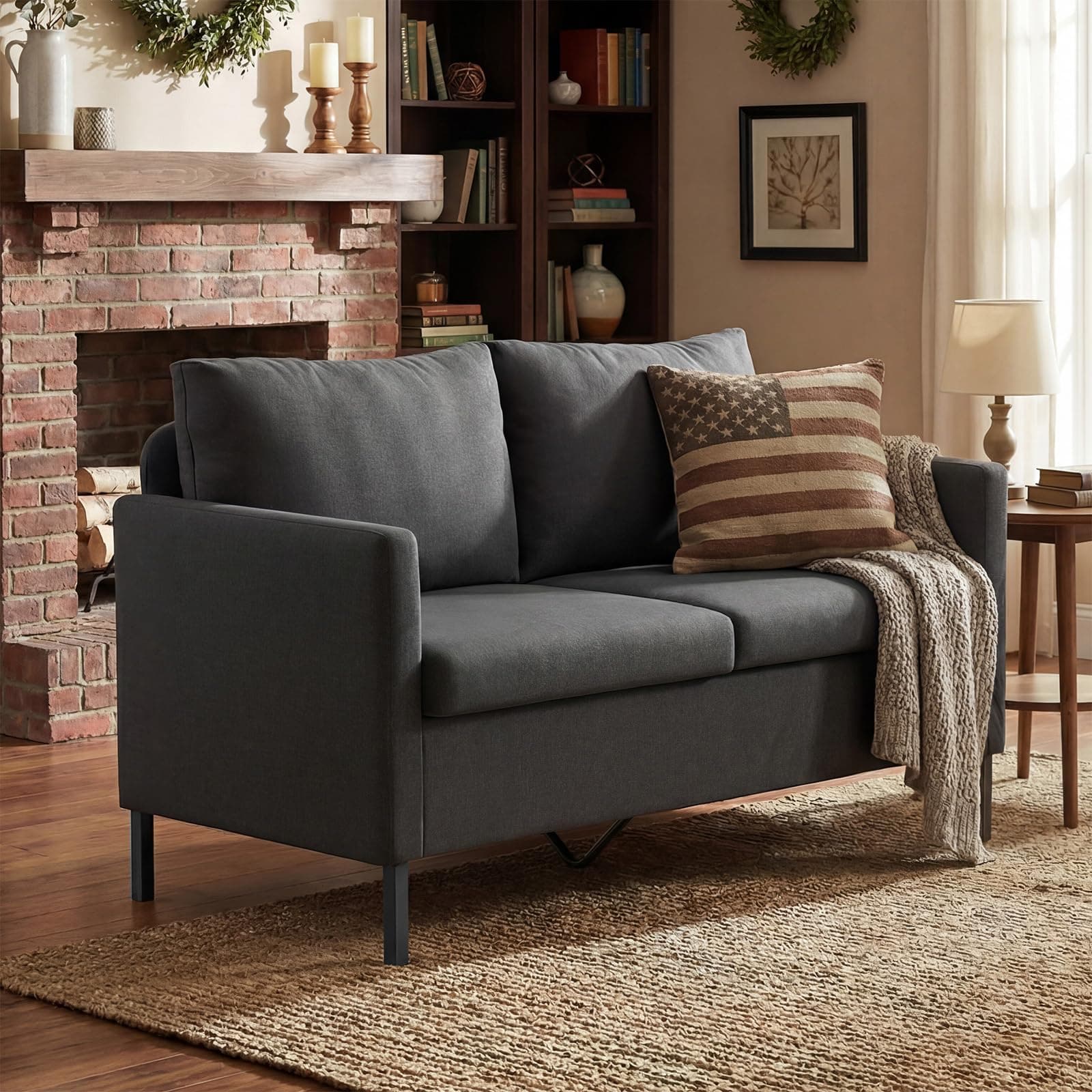 TYBOATLE Linen Fabric Modern Small Loveseat Sofa Couch for Living Room, 51" W Little Upholstered 2-Seater Mini Love Seats w/Iron Legs for Small Space, Apartment, Bedroom, Dorm, Office (Dark Grey)