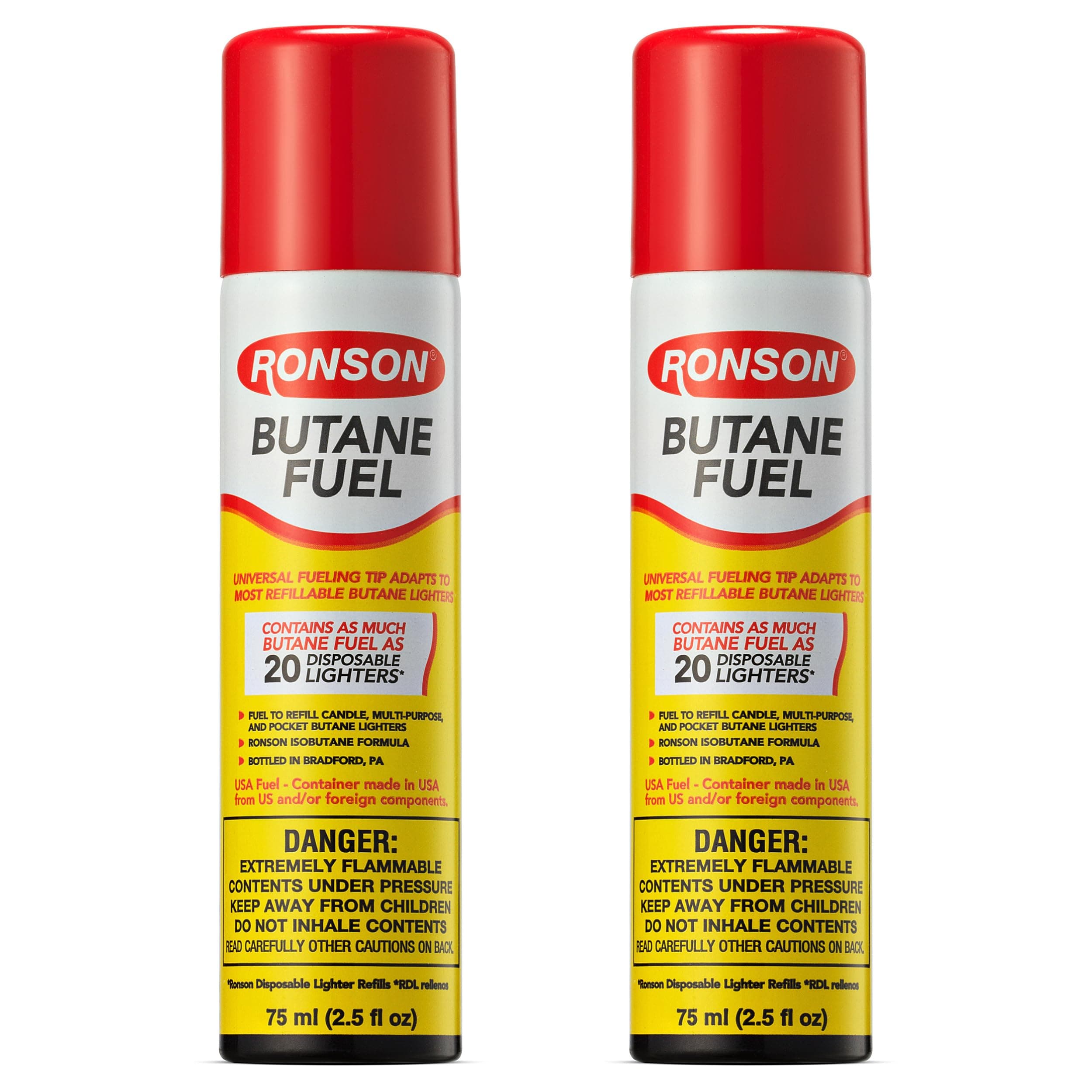 Ronson Butane Fuel Refill 75ml – Pack of 2 – Universal Lighter Fluid Refill for Torch, Kitchen, and Utility Lighters – Clean Burning Butane Gas for Refillable Lighters