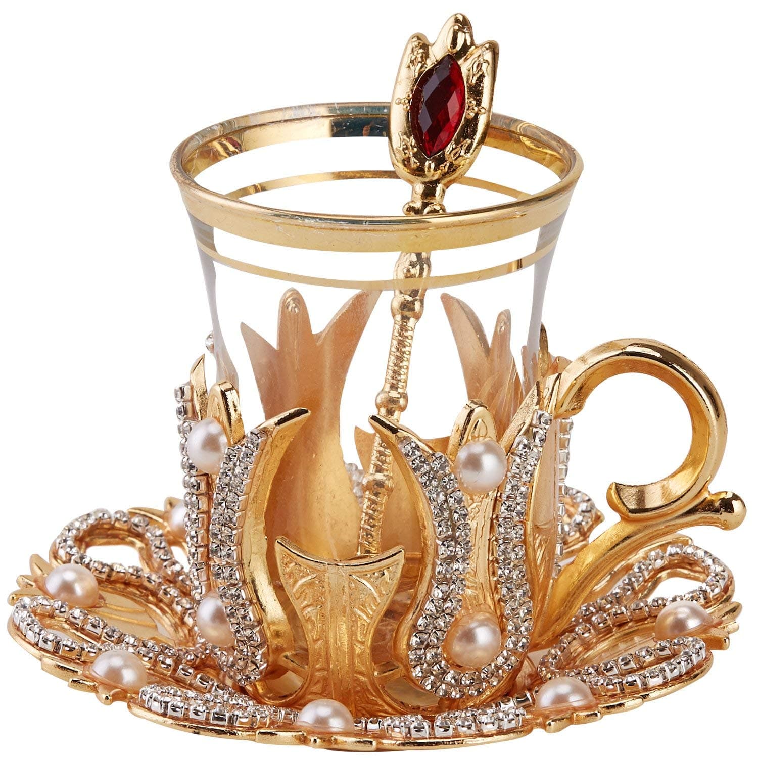 DEMMEX (Set of 6) Turkish Tea and Coffee Glasses Set with Metal Saucers, Holders and Spoons, Decorated with Crystals and Pearls, 24 Pcs, Gold, 3.3 Oz