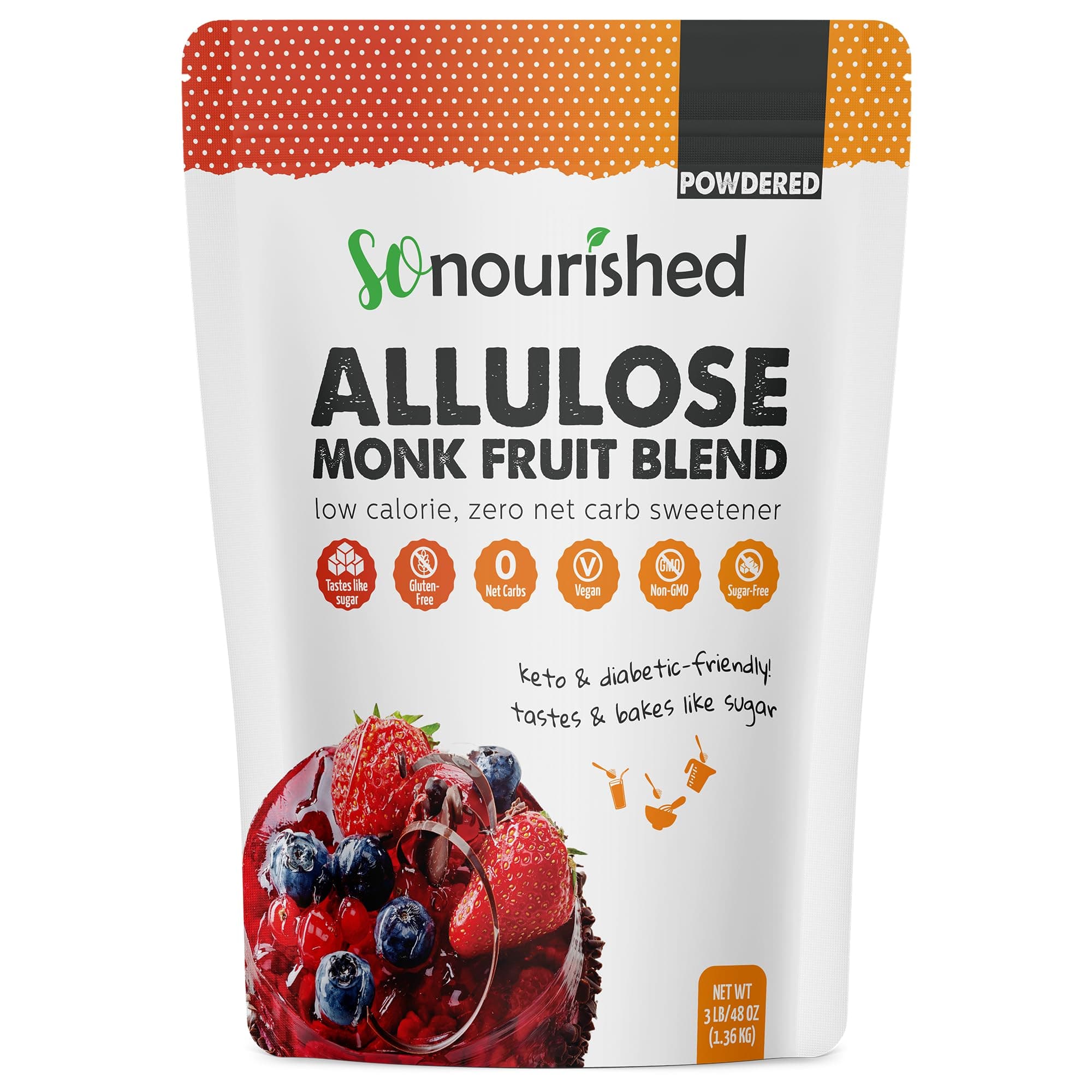 So Nourished Monk Fruit Sweetener with Allulose Powdered - 1:1 Sugar Substitute, Keto - 0 Calorie, 0 Net Carb, Non-GMO (3 lb / 48 oz)