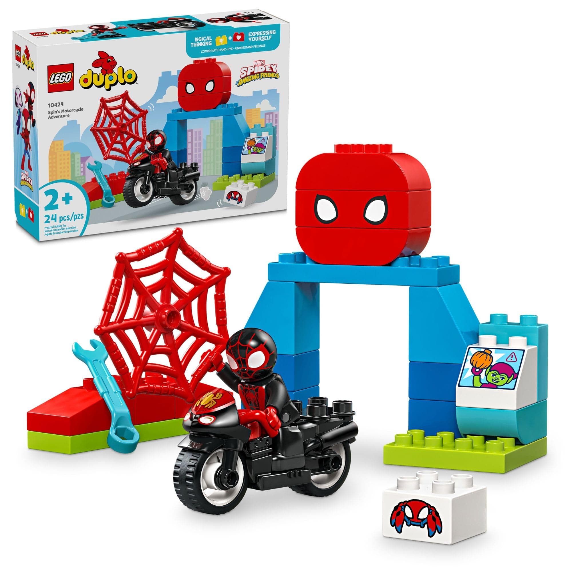 DUPLO Marvel Spin's Motorcycle Adventure Building Toys Playset - Spidey and His Amazing Friends Toys for Toddlers, Boys & Girls, Ages 2+ Years - Gift for Christmas - 10424