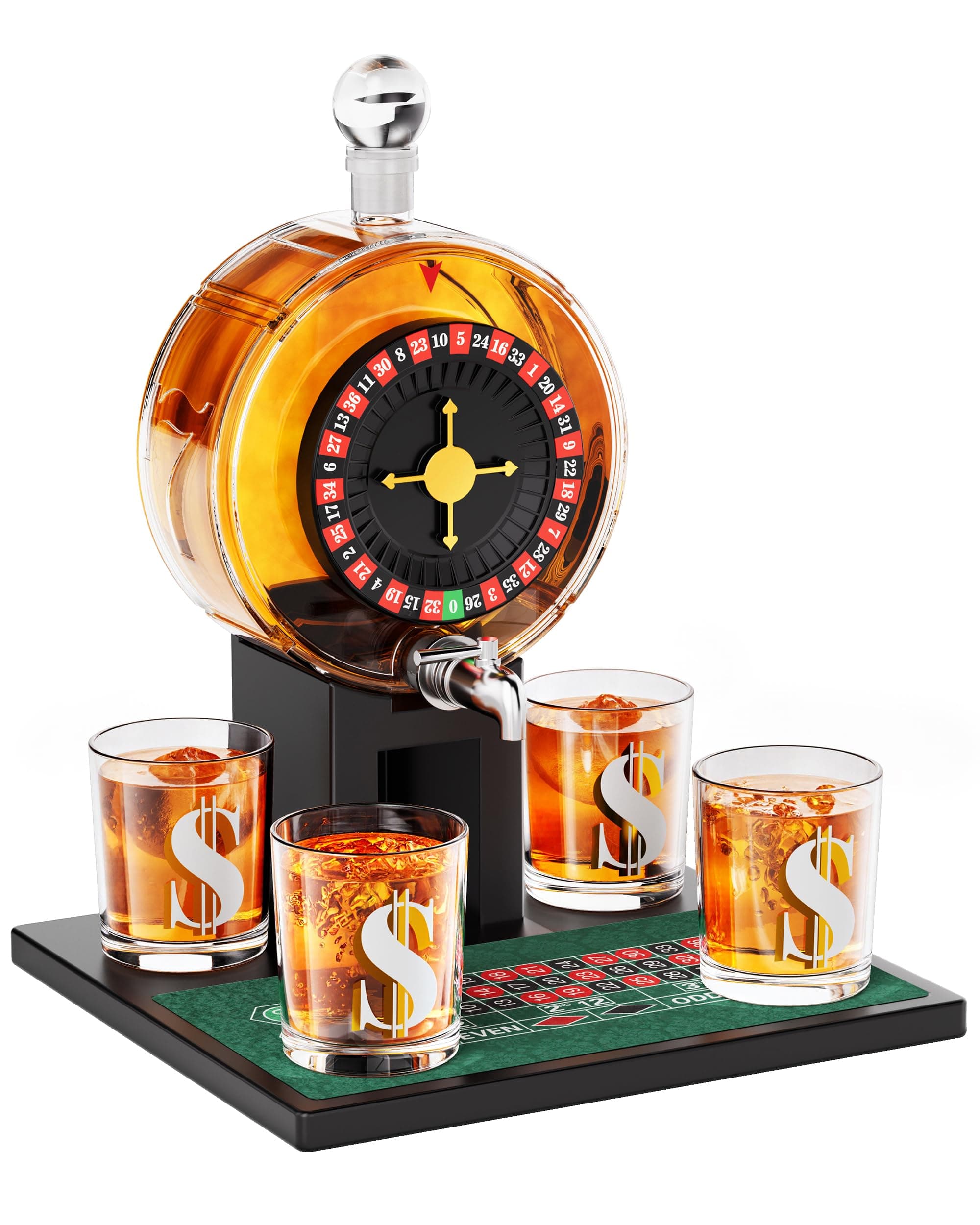 Kollea Roulette Whiskey Decanter Set, 60.9 Oz Casino-Style Slot Decanter with 4 Dollar Glasses, New Year Birthday Gifts for Men Dad, Him, Liquor Dispenser for Anniversary, Bar, Poker Night, Men Cave