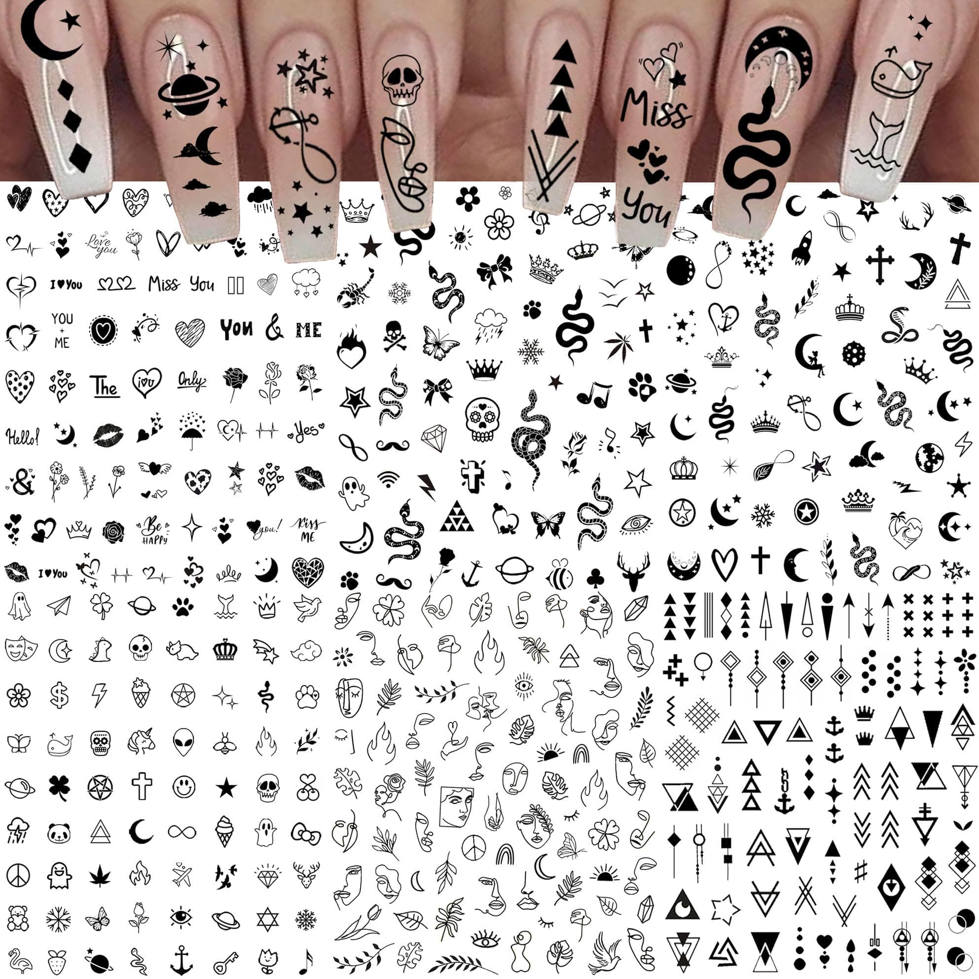 6 Sheets Self-Adhesive Snake Heart Moon Star Nail Art Sticker Decals, Abstract Lady Face Nail Stickers for Women DIY Manicure Decorations, Geometric Triangle Arrow Nail Decals Accessories Tip
