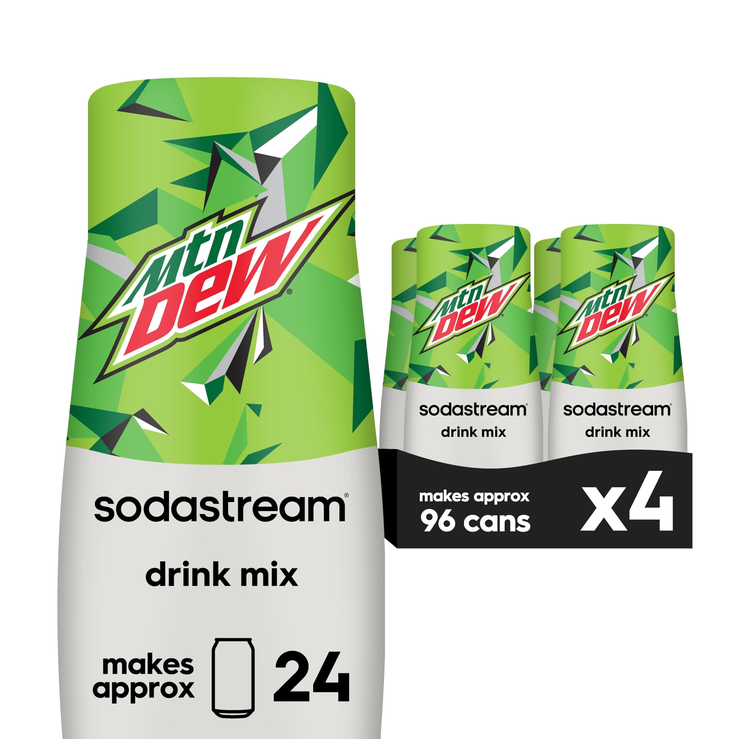 SodaStream - Mountain Dew Soda Drink Mix | For Soda Makers; turns 9.5 Gallons of Fizzy Water into delicious Mountain Dew | 52mg Caffeine per 12oz | Makes 96 Servings | 14.9 Fl Oz, Pack of 4