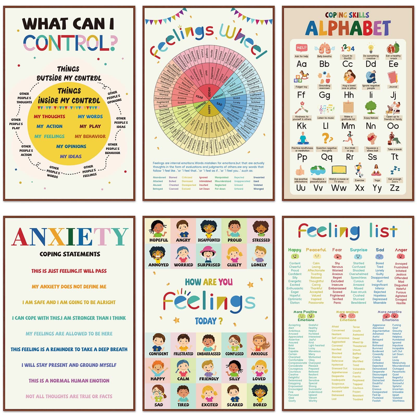 6 Pcs Mental Health Coping Skills Posters - Feeling Color Wheel Educational Emotions Therapy Wall Art for Classroom, School, Office, Pediatric Counseling
