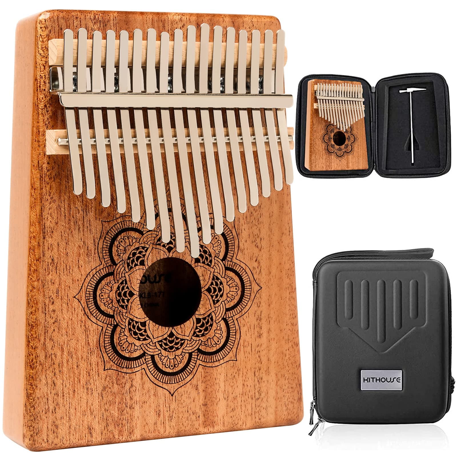 Kalimba Thumb Piano 17 Keys Set with Mandala Pattern, Wooden Mbira Finger Piano Gifts African Music Instrument for Kids and Adults Beginners - Include Kalimba Case, Music Book, Tuning Hammer