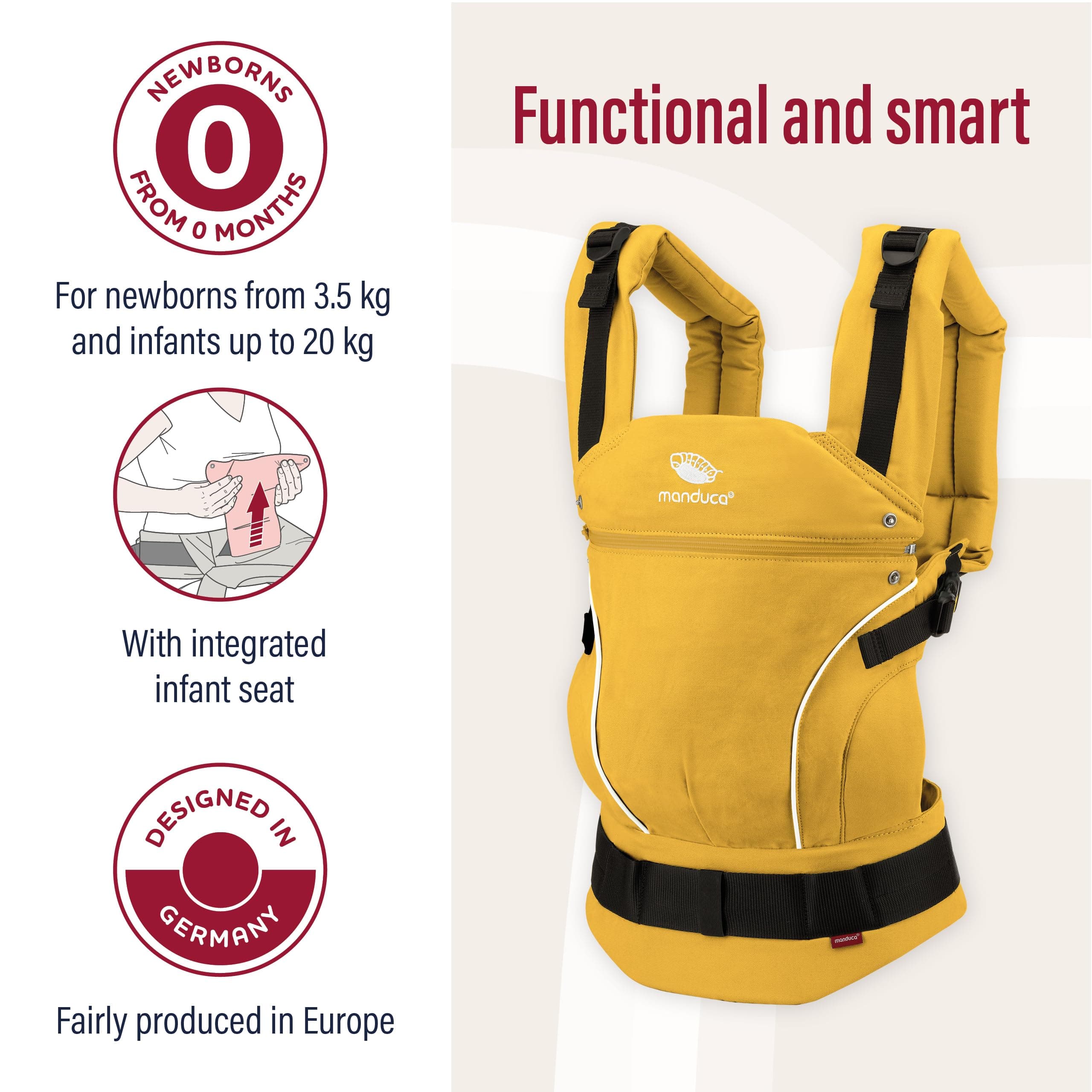manduca First Baby Carrier > Gold < Ergonomic Baby Carrier Backpack, Organic Cotton, Patented Back Extension, for Newborns and Babies from 3.5 to 20 kg (Gold)