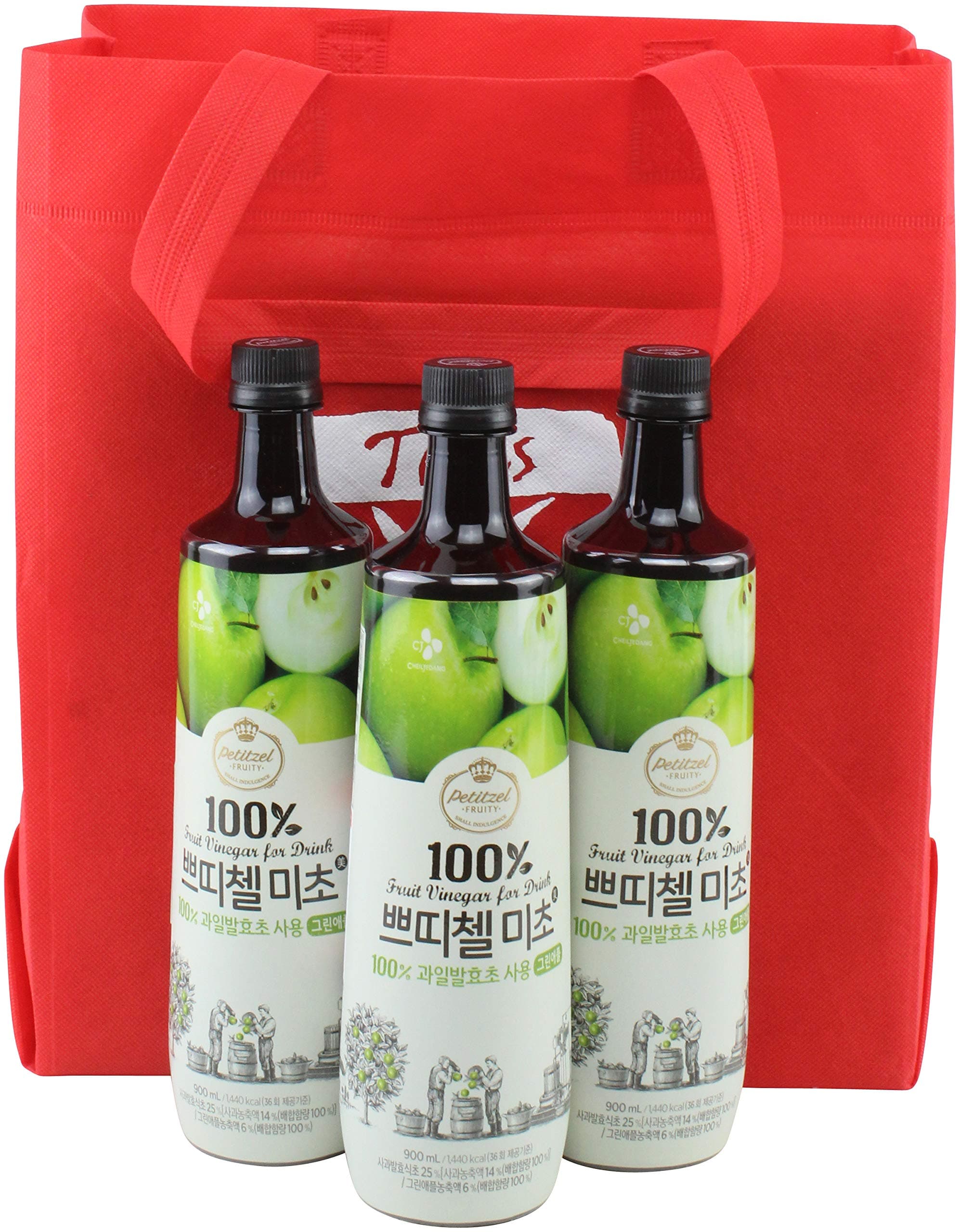 Korean CJ Petitzel Fruit Vinegar Drink Concentrate, 3 Bottle Set: Green Apple, 91 Fl Ounces