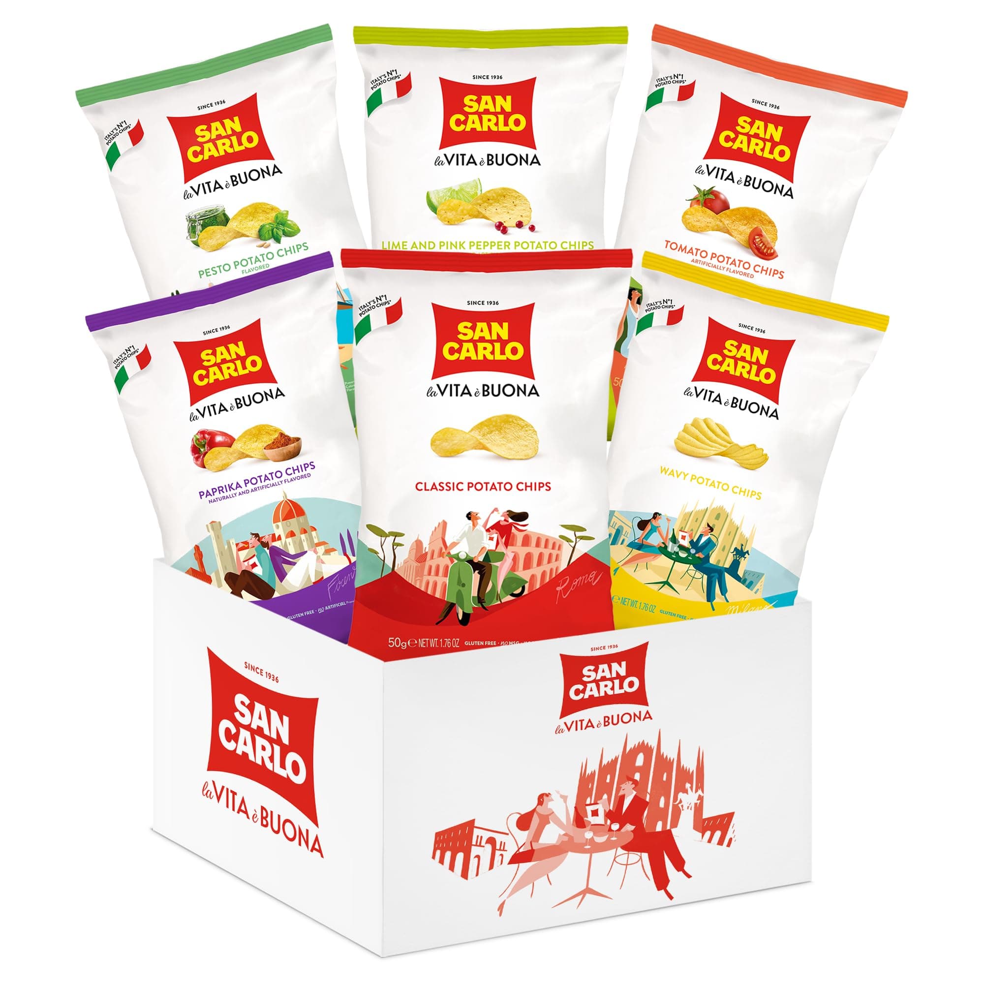 Variety Pack 8X 50g Multi Flavours n°1 Italian Potato Chips – Classic, Wavy, Paprika, Pesto, Lime and Pink Pepper, Tomato