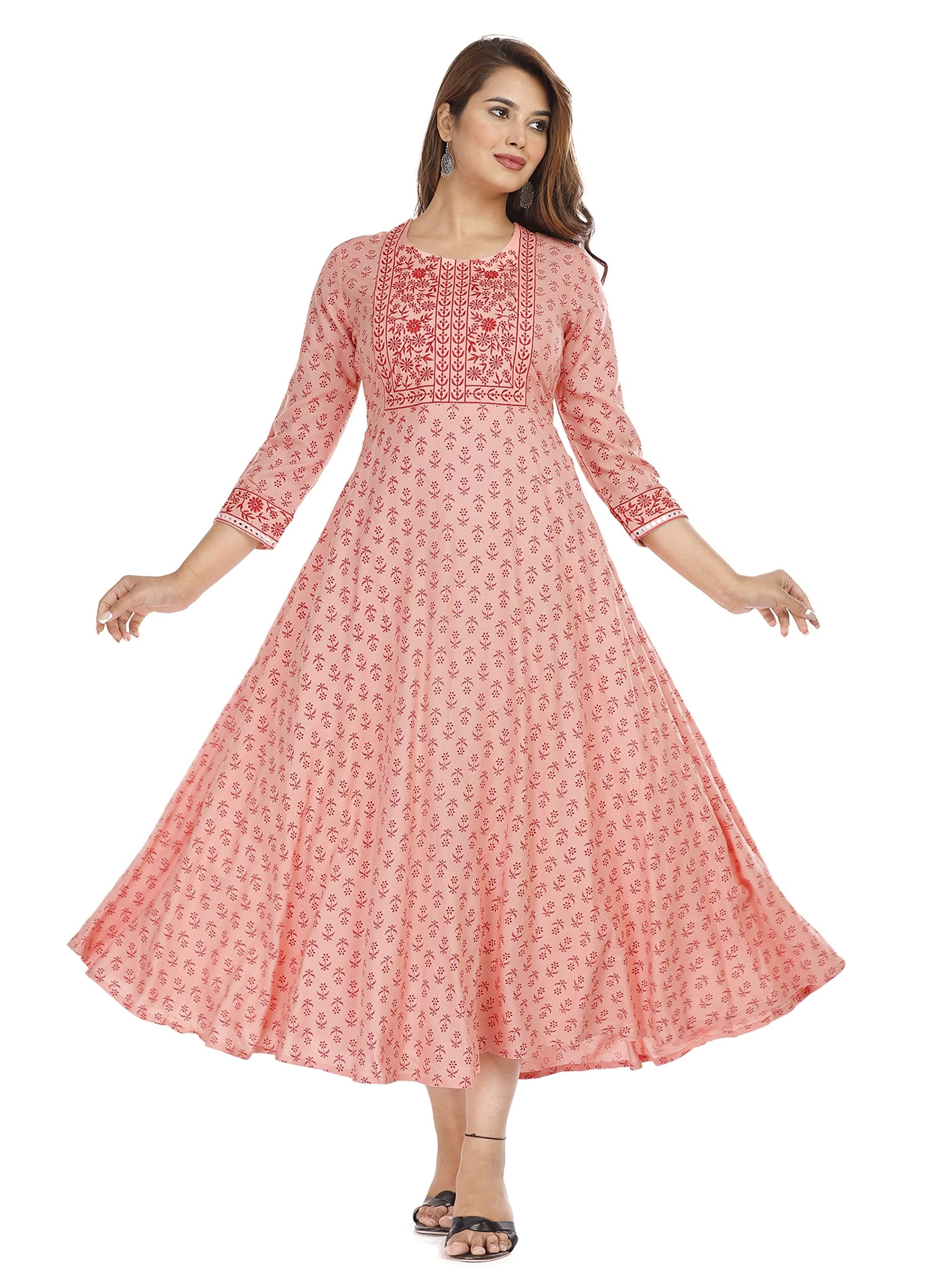 NANAK FEB Womens Printed Rayon Embroidery Work Anarkali Kurti for Girls Regular Wear Flared Long Gown Kurta