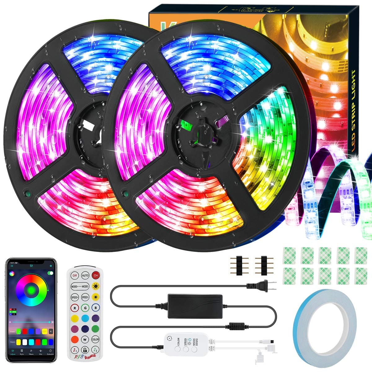 LED Strip Lights, KeShi 32.8ft RGB 300 LEDs SMD5050 Flexible Tape Light, IP65 Waterproof Music Sync Color Changing Rope Lights, IR Remote Control + Bluetooth APP Control for Home Party Decoration