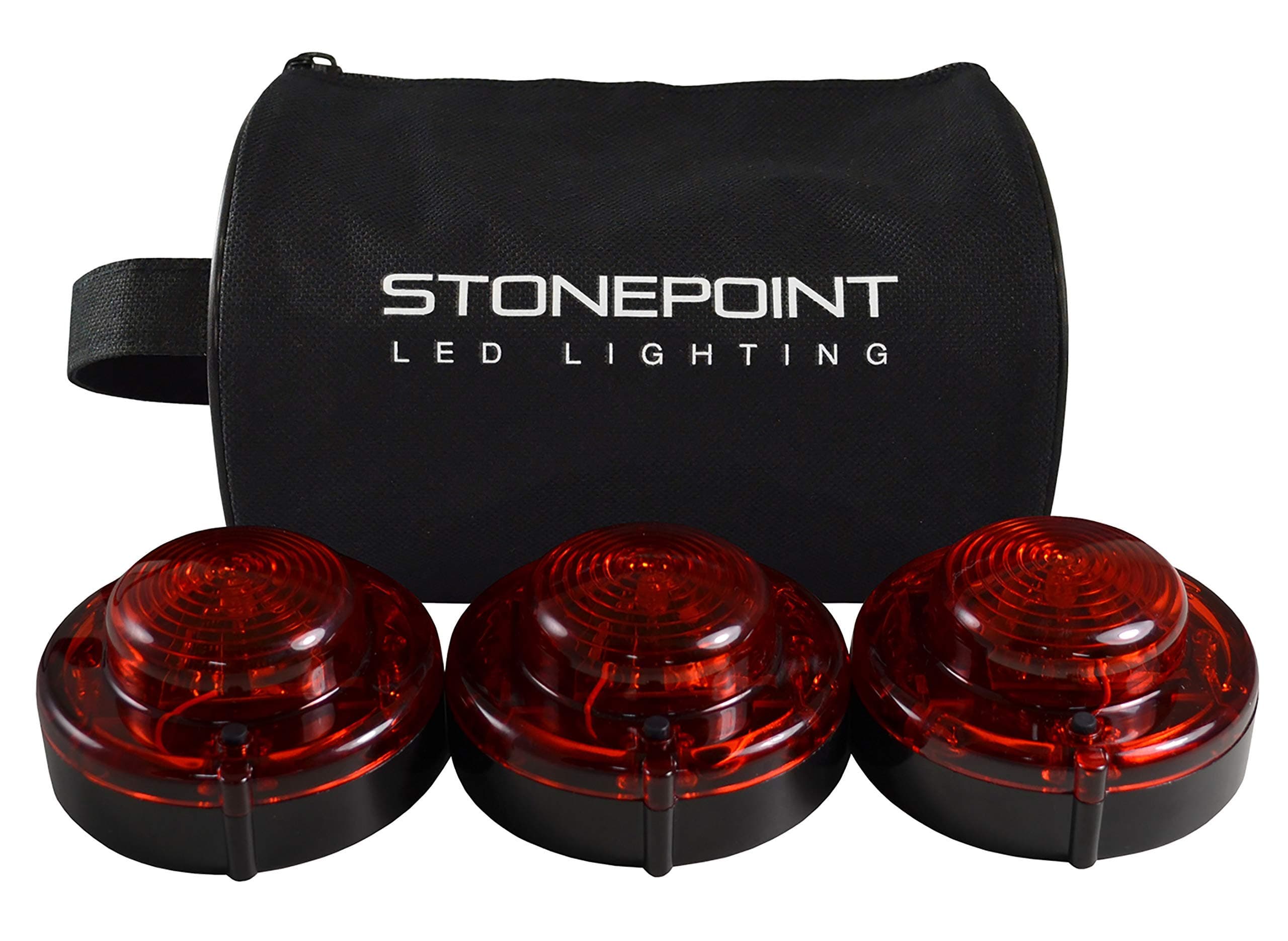 Stonepoint Emergency LED Road Flare Kit – Set of 3 Super Bright LED Roadside Beacons with Magnetic Base – Flashing or Steady Red Lights Visible Up to 2 Miles Away – Includes Storage Bag