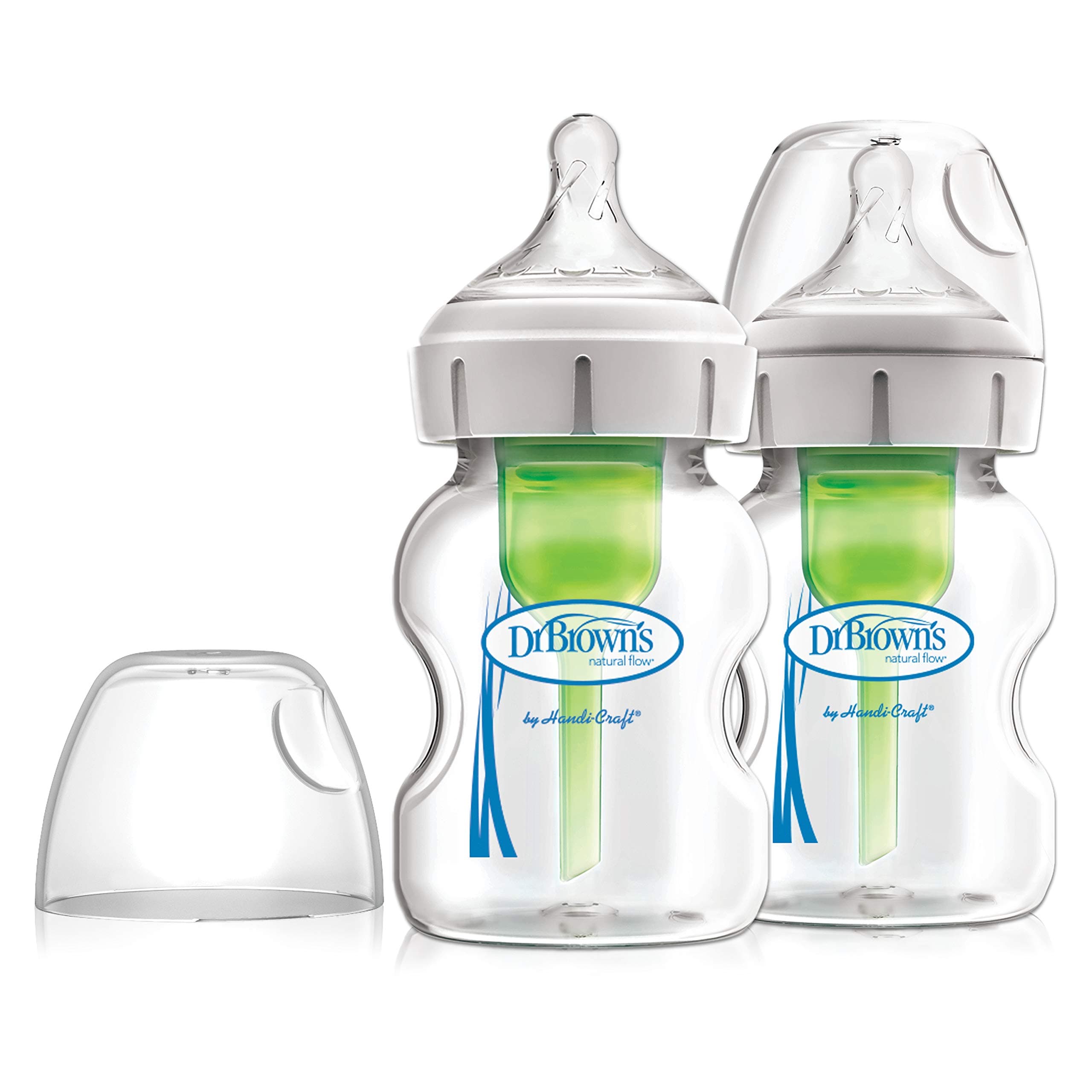 Dr. Brown's Natural Flow Anti-Colic Options+ Wide-Neck Glass Baby Bottle, 5oz/150ml, with Level 1 Slow Flow Teat, 2-Pack