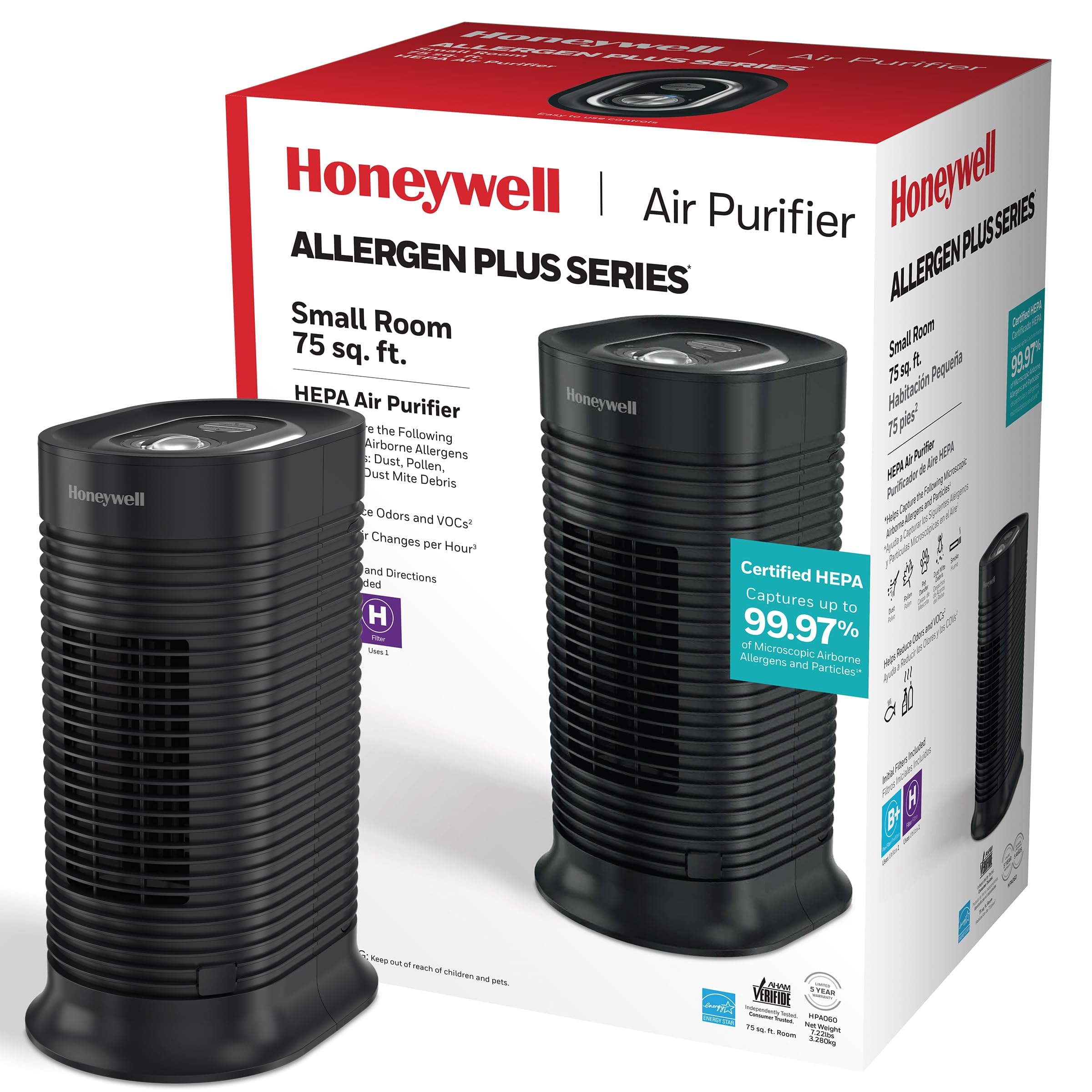 Honeywell HPA060 HEPA Tower Air Purifier, Airborne Allergen Reducer for Small Rooms (75 sq ft), Black - Wildlfire/Smoke, Pollen, Pet Dander, and Dust Air Purifier