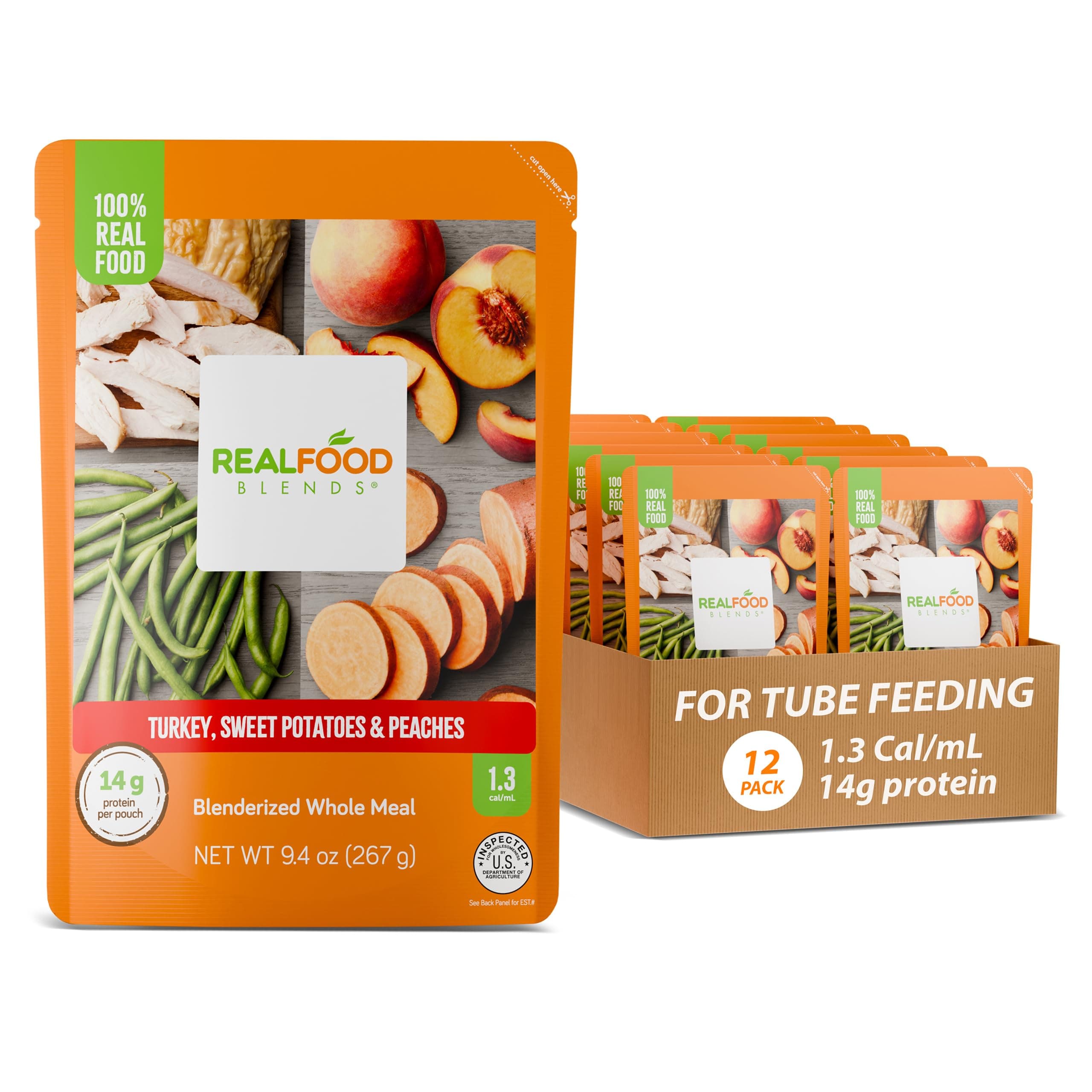 Turkey, Sweet Potatoes & Peaches - Pureed Food Meals for Tube Feeding with Protein, Vegetables & Fruits - 320 Calories for Lunch & Dinner - 9.4 oz (Pack of 12)