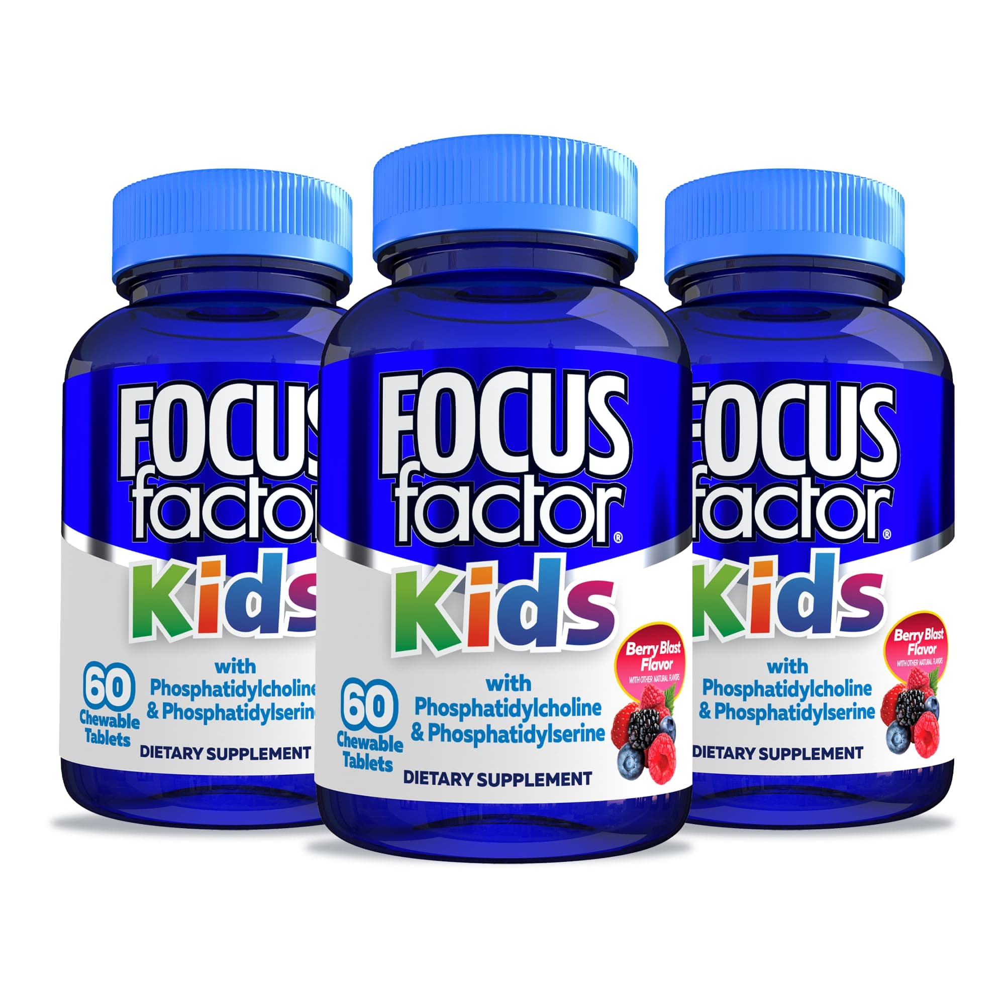 Focus Factor Kids Complete Daily Chewable Multivitamin & Neuro Nutrient Brain Function w/Vitamin B12, C, D3, Berry, 60 Count, Pack of 3