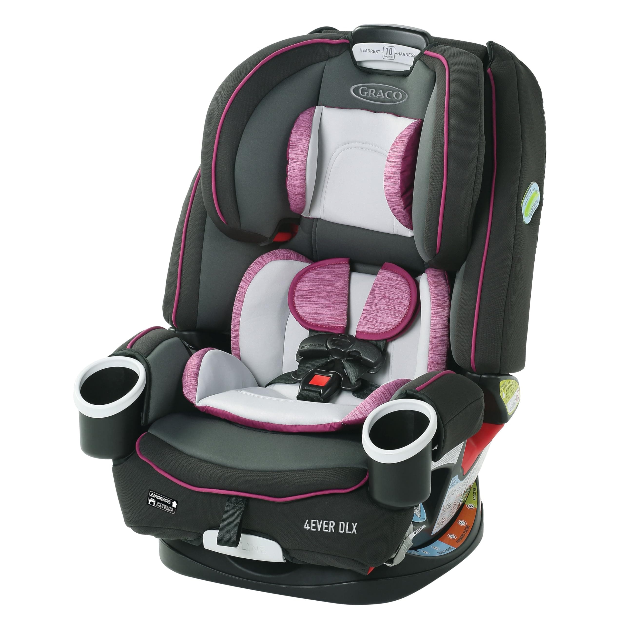 4Ever DLX 4-in-1 Car Seat, Pink, Infant to Toddler Car Seat, with 10 Years of Use, Rear-facing, Forward-facing and Booster Modes, Safe, Comfortable and Convenient