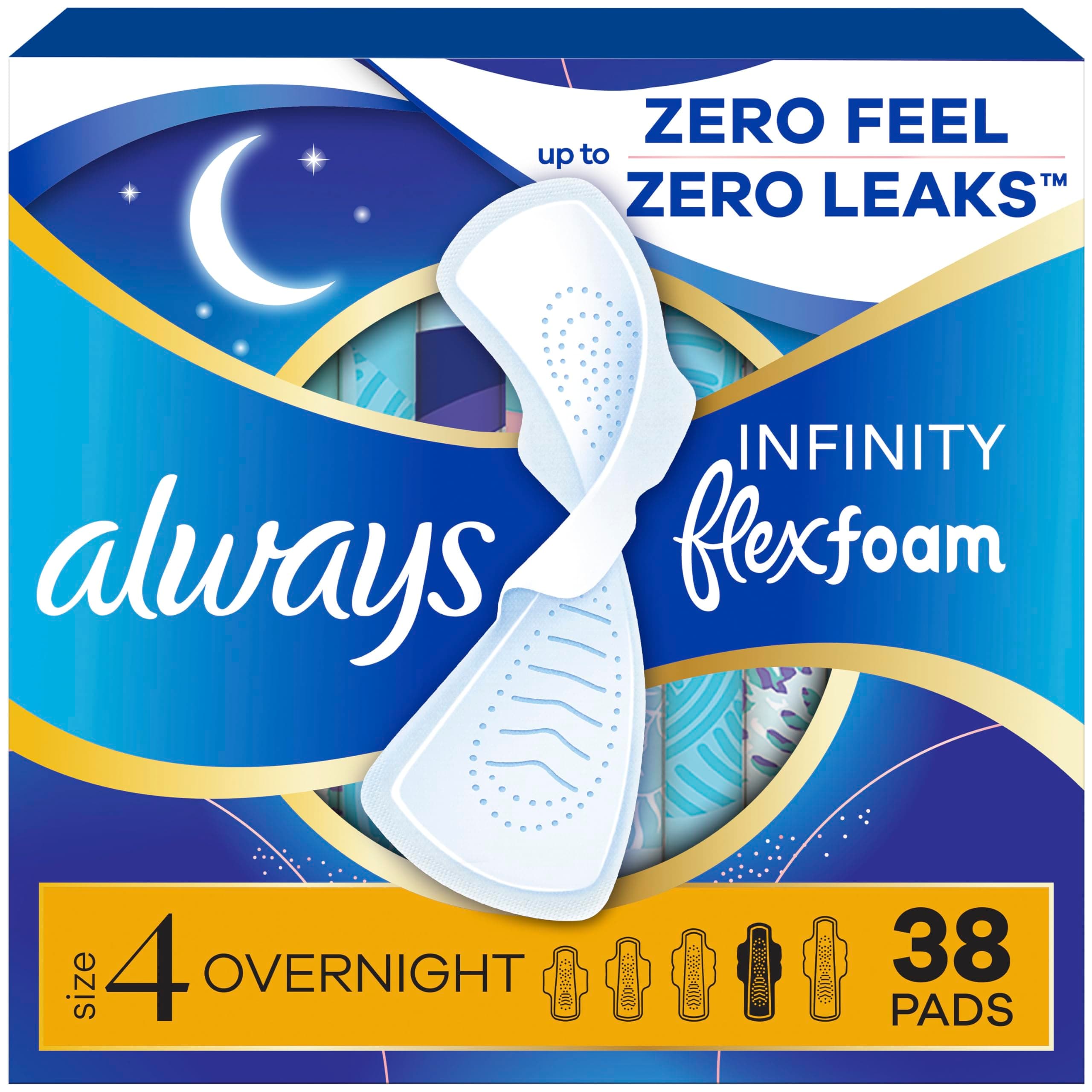 Infinity Feminine Pads for Women, Flexfoam Pads with Wings, Size 4, Overnight Absorbency, Unscented, 38 Count